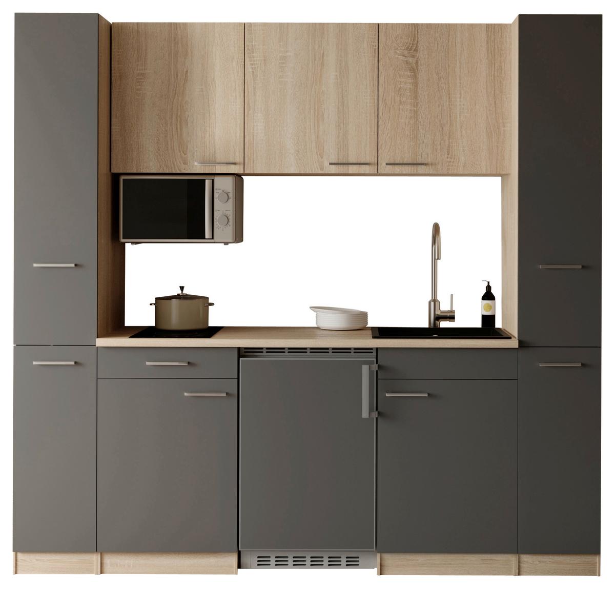 Küchenblock Ingrid m. Geräten Grau - Eichefarben/Alufarben, Design, Holzwerkstoff/Kunststoff (210cm) - Respekta