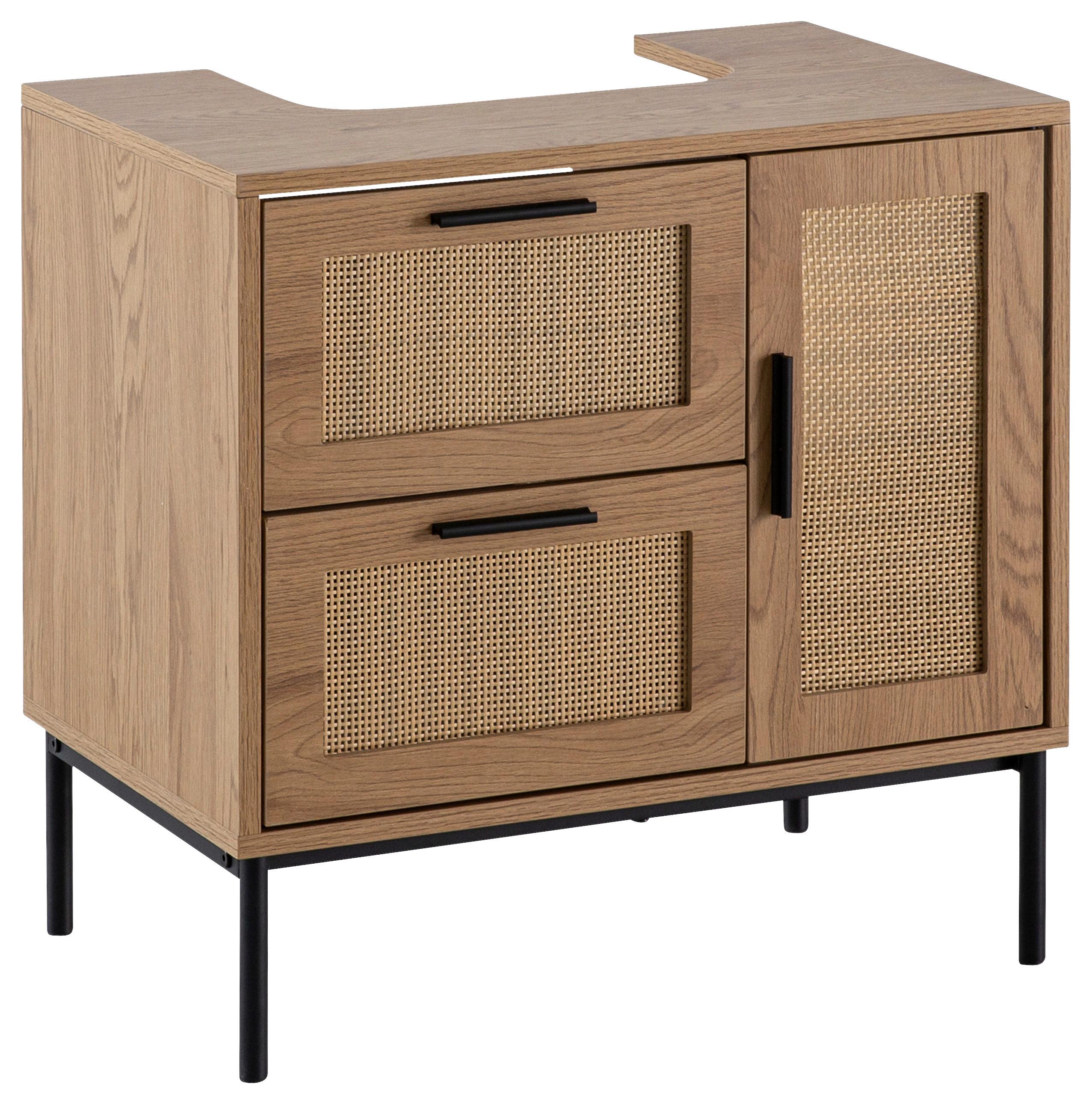 Waschbeckenunterschrank Eichefarben/Rattan - Eichefarben/Schwarz, Design, Holzwerkstoff/Metall (60/60/40cm) - MID.YOU