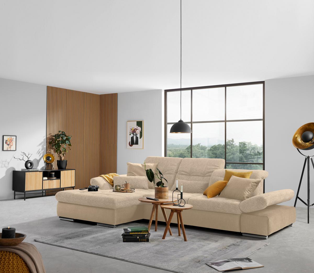 Wohnlandschaft Sanfino Taupe/Beige - Taupe/Chromfarben, KONVENTIONELL, Holz/Textil (199/79-96/305cm) - Premium Living