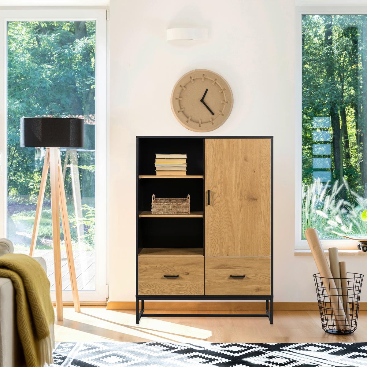 Visoka Komoda Amio, Črna, Barva Hrasta - črna/barve hrasta, Moderno, kovina/leseni material (100/140/40cm) - MID.YOU