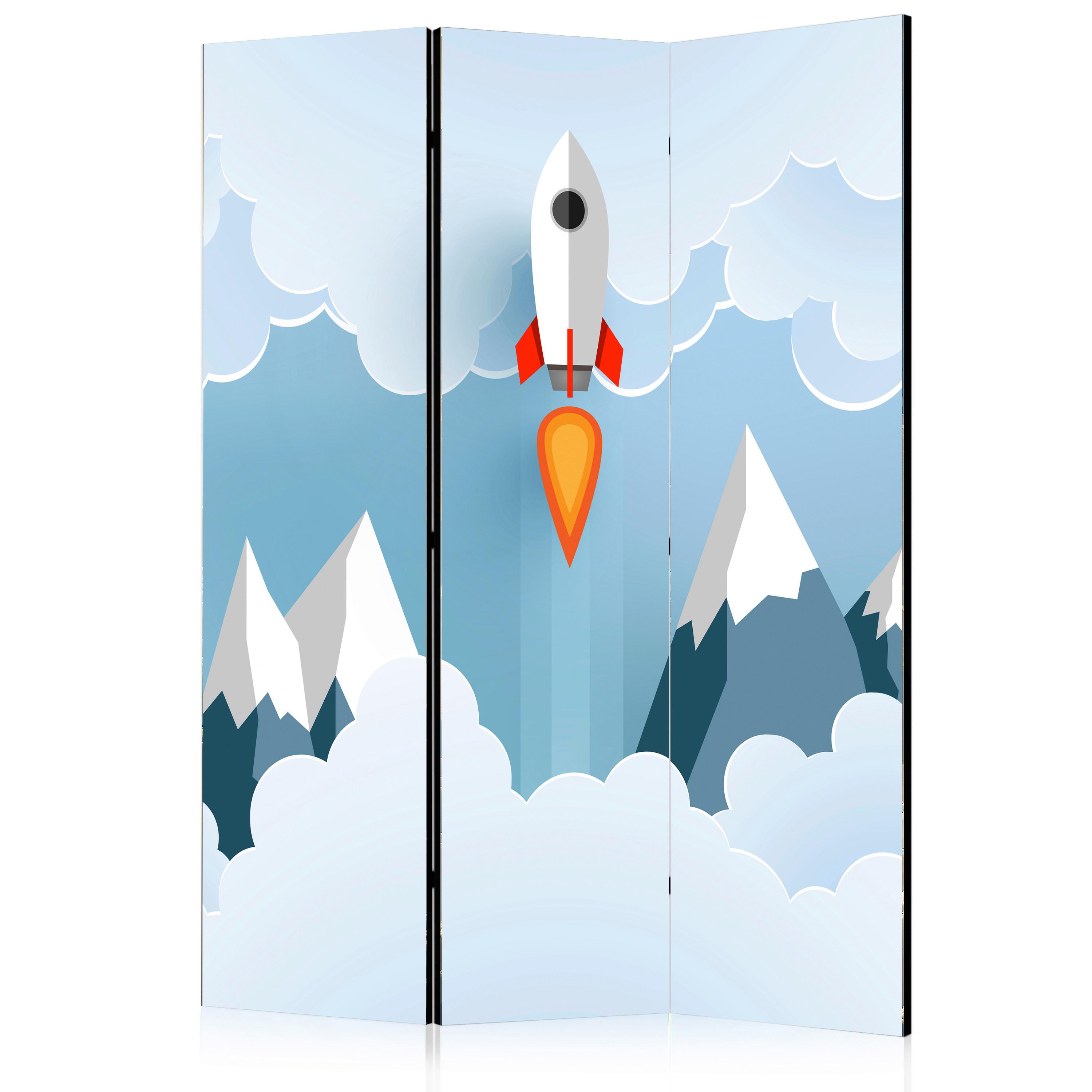 Paravan Rocket In The Clouds, 3-Delni, Dvostranski - svetlo modra/bela, Basics, tekstil/les (135/172/3cm) - artgeist