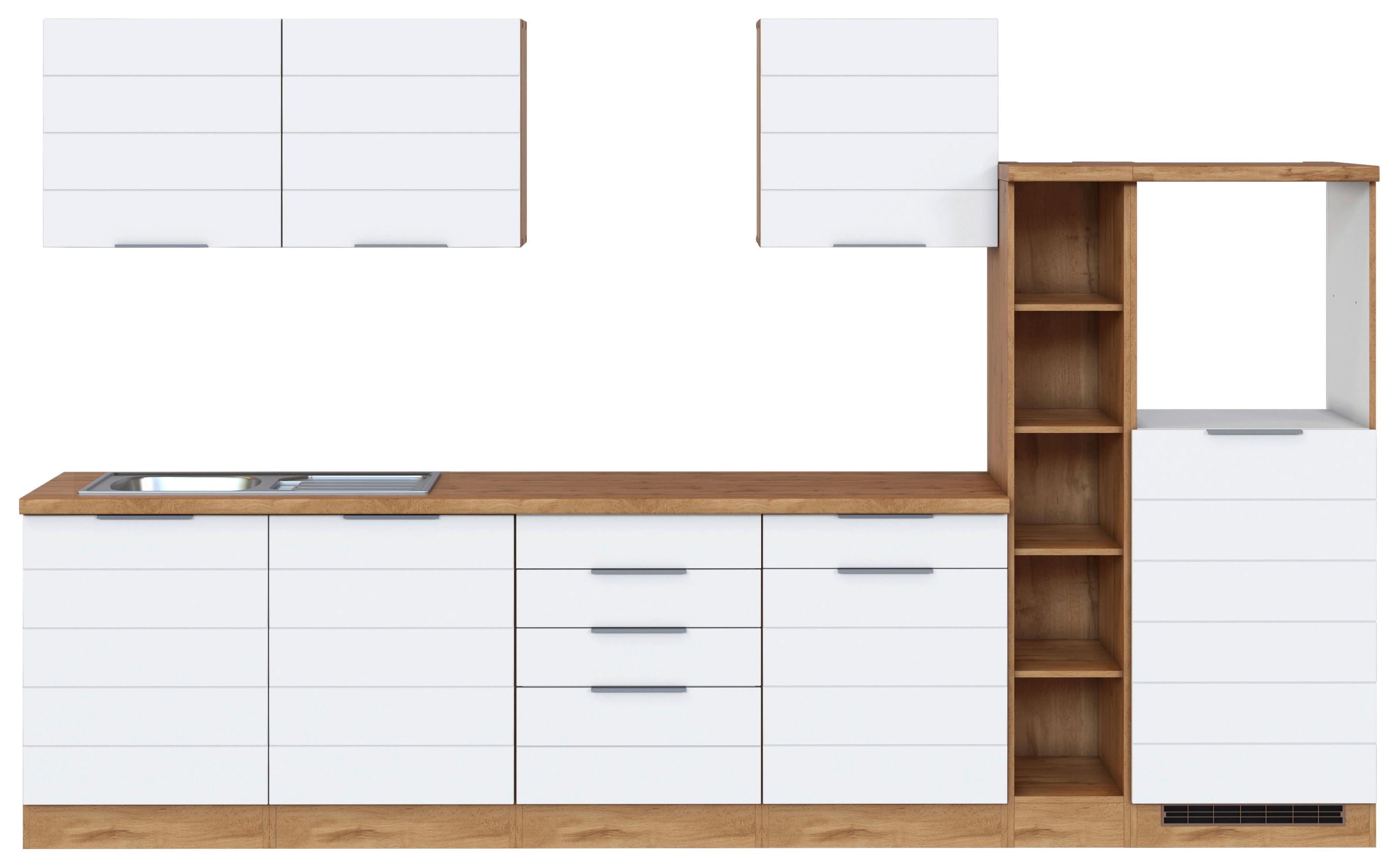 Küchenblock Florenz ohne Geräte ca. 330 cm Weiß/Eiche - Eiche Wotan/Weiß, Design, Holzwerkstoff/Metall (330cm) - Held