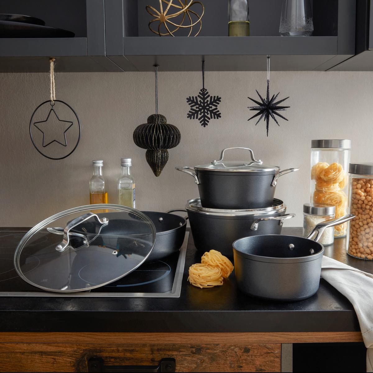 Kochtopfset Profi Line in Schwarz, 7-teilig - Klar/Silberfarben, KONVENTIONELL, Glas/Metall - Gourmesto