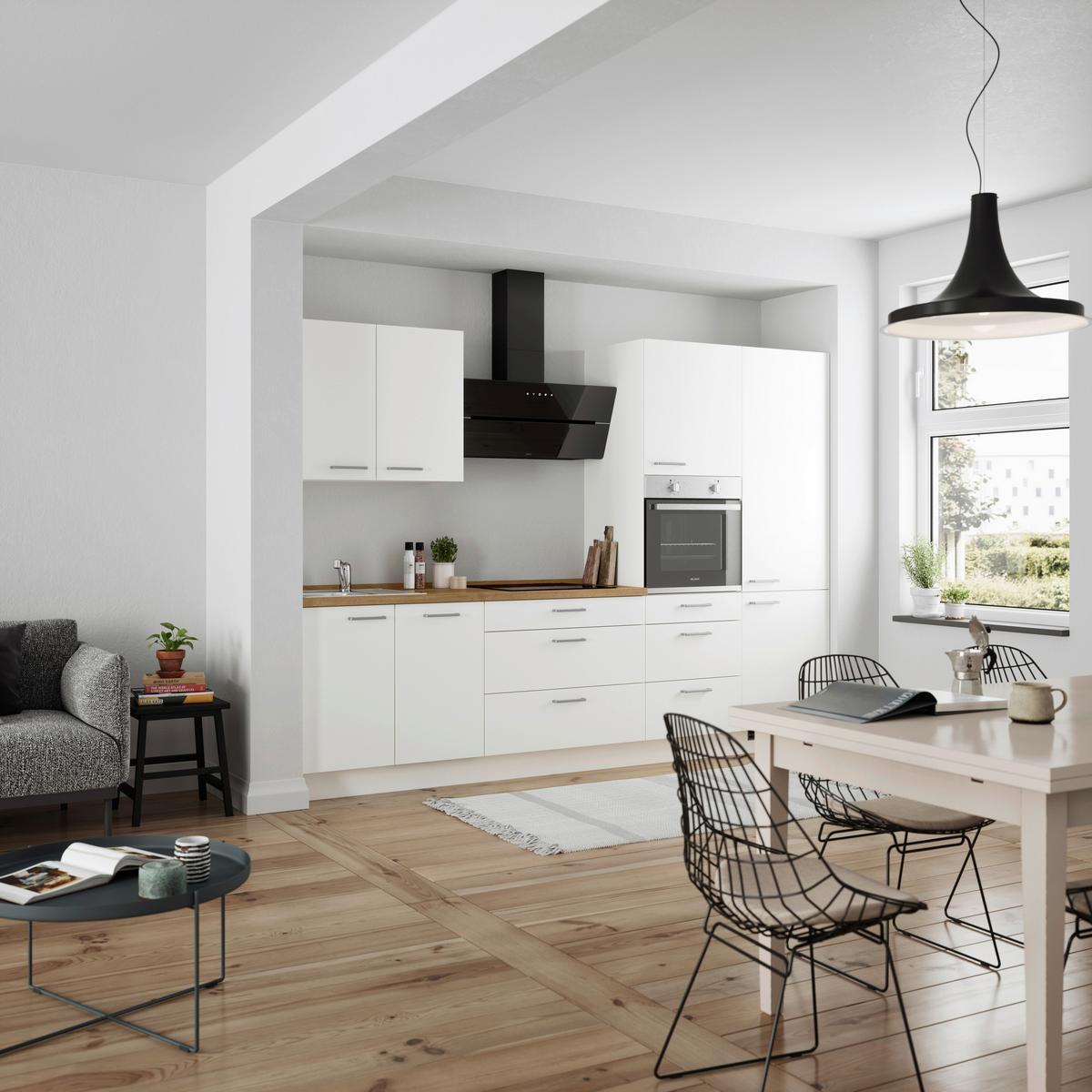 Küchenblock Touch High m. Geräten Weiß - Edelstahlfarben/Eichefarben, MODERN, Holzwerkstoff/Metall (300cm) - Nobilia