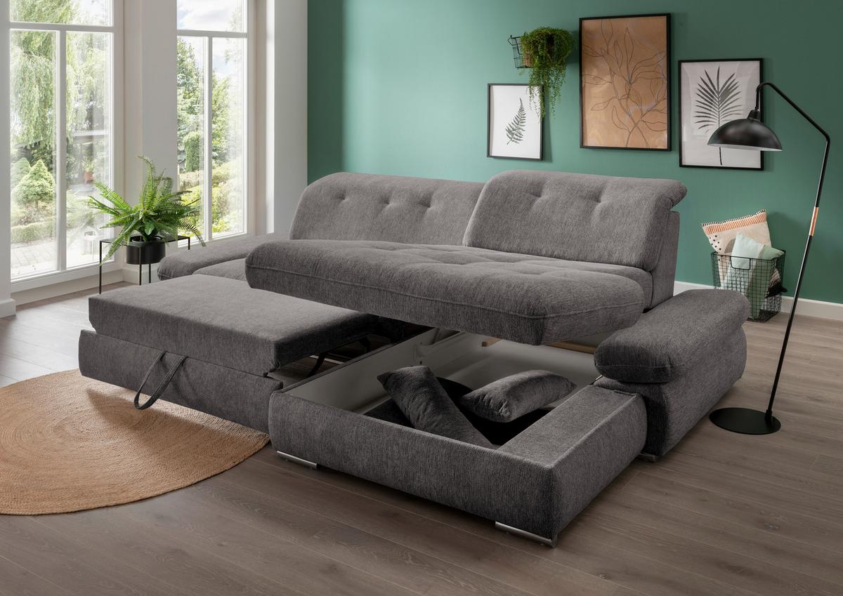 Wohnlandschaft Dalida Graubraun Chenille - Chromfarben/Graubraun, Design, Textil/Metall (300/196cm) - Livetastic
