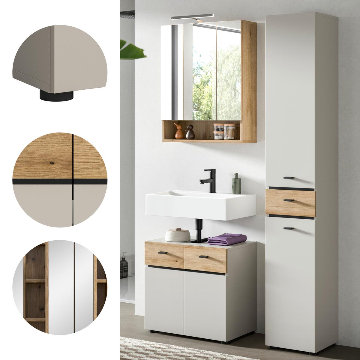 Badezimmer Aqua Eichefarben/Kaschmir - Kaschmir/Eichefarben, Trend, Glas/Holzwerkstoff (92cm) - MID.YOU