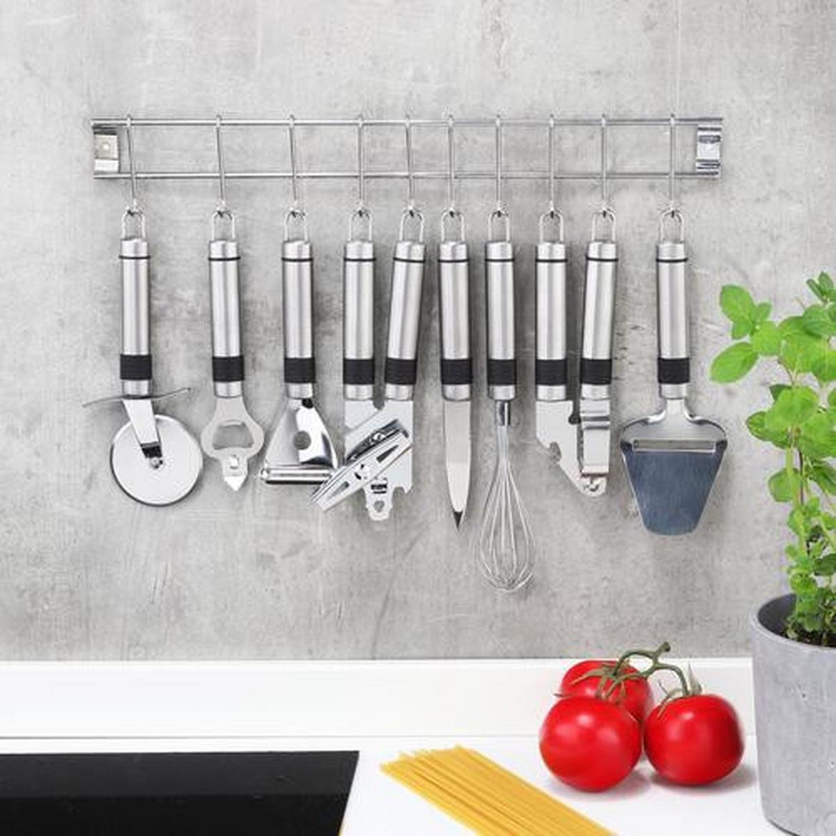 ZESTAW PRZYBORÓW KUCHENNYCH 9-CZĘŚCIOWY - kolor srebrny, Basics, metal (50cm)