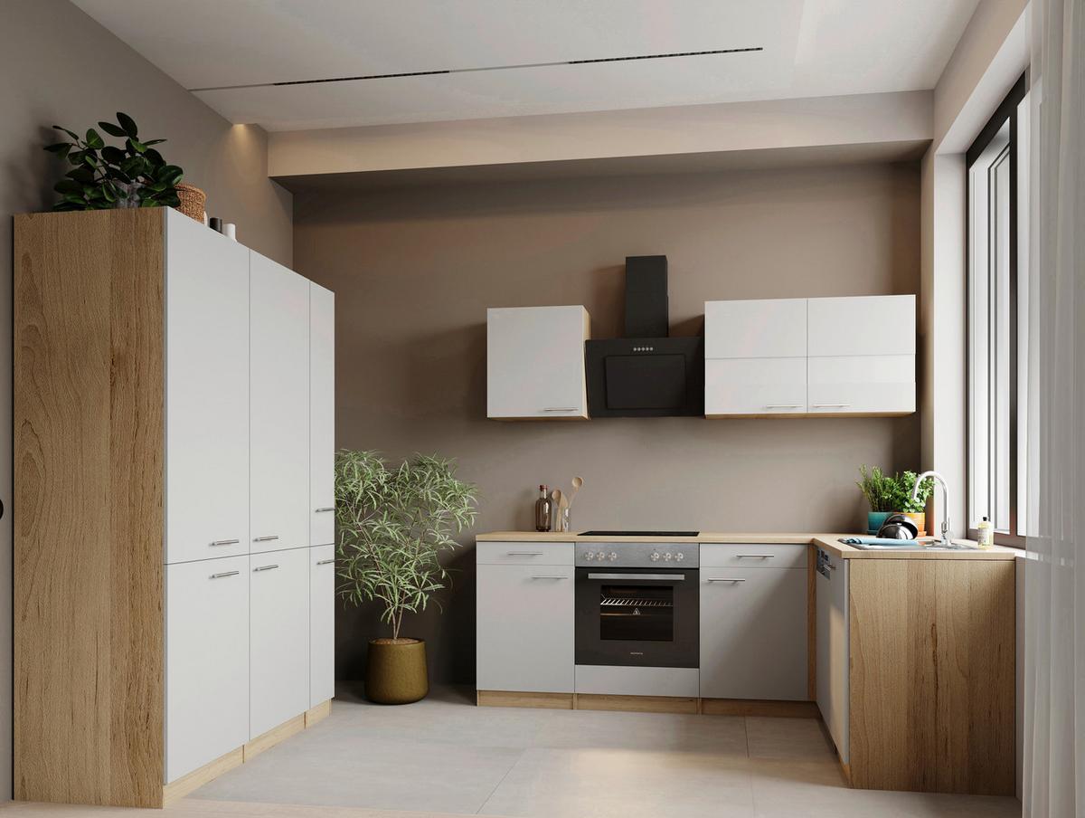 Eckküche Merle m. Geräten ca. 370x172cm Weiß - Edelstahlfarben/Eichefarben, Trend, Holzwerkstoff/Metall (370/172cm) - Respekta