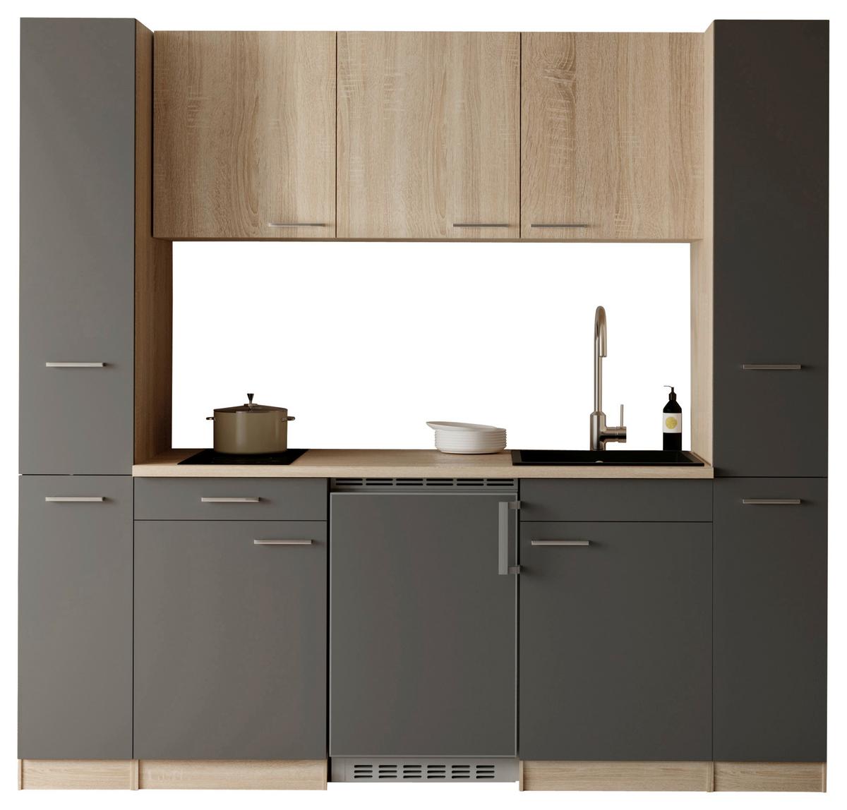 Küchenblock Ingrid m. Geräten Grau - Eichefarben/Alufarben, Design, Holzwerkstoff/Kunststoff (210cm) - Respekta