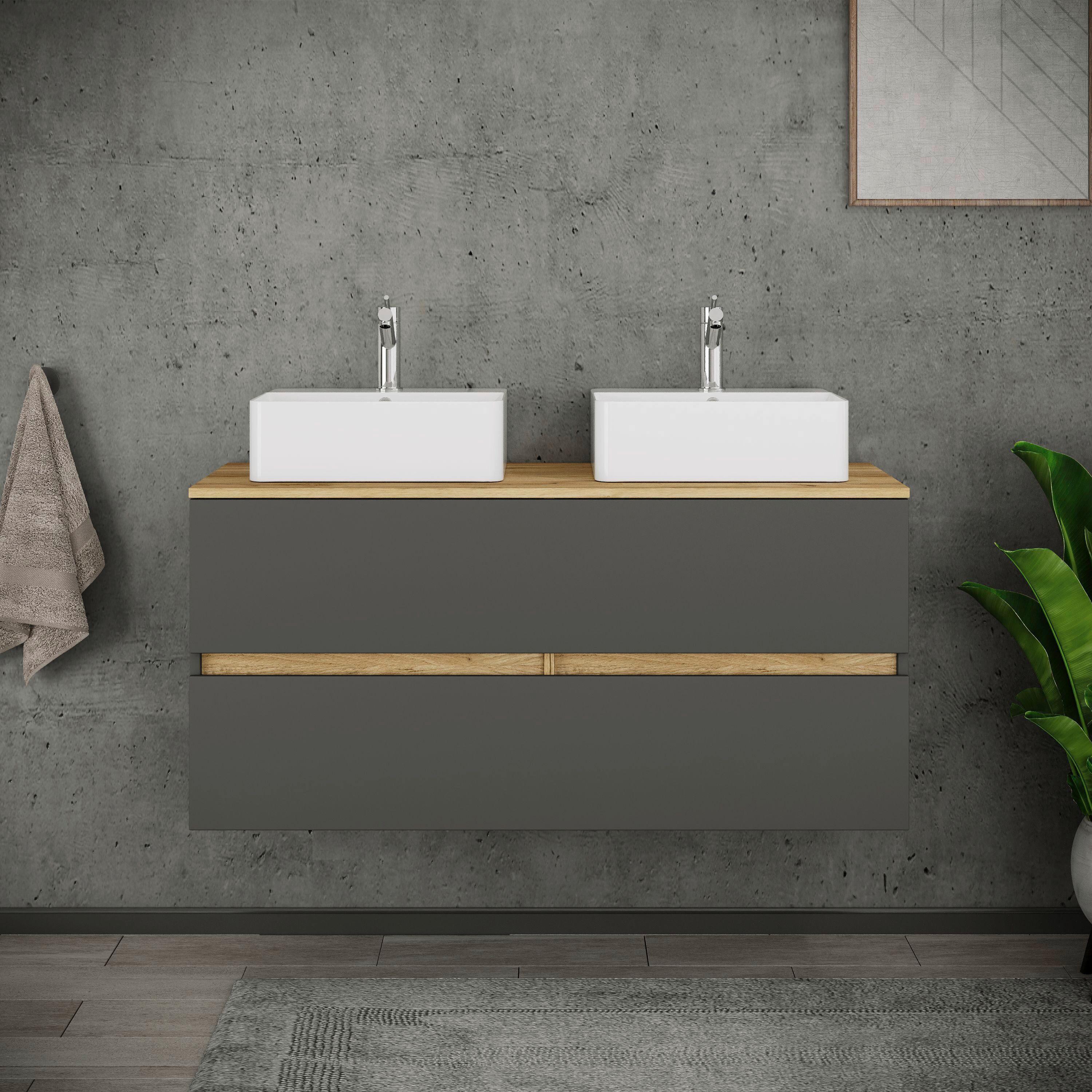 Badezimmer Cosila - Honigeiche/Weiss, Trend, Keramik/Holzwerkstoff (111cm) - MID.YOU