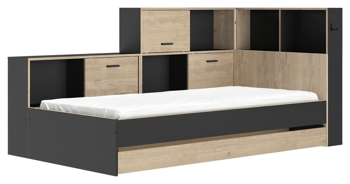 Postelja S Predalom Erwan, Črna, Barva Kostanja, 90x200cm - črna/barve kostanja, Moderno, leseni material (90/200cm) - MID.YOU