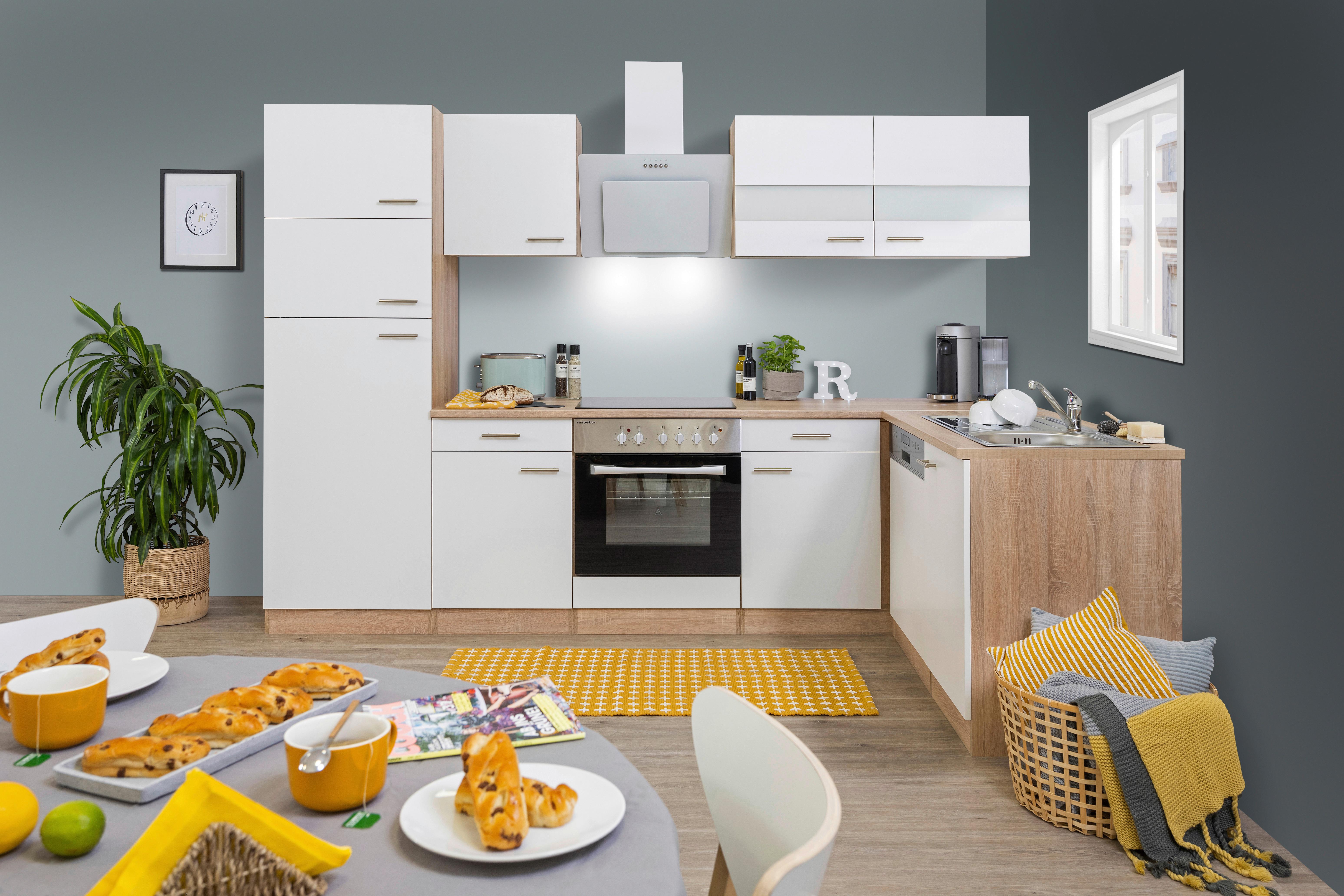 Eckküche Economy Weiß/ Eichefarben ca. 280x172 cm - Edelstahlfarben/Eichefarben, Basics, Holzwerkstoff/Metall (280/172cm) - Respekta