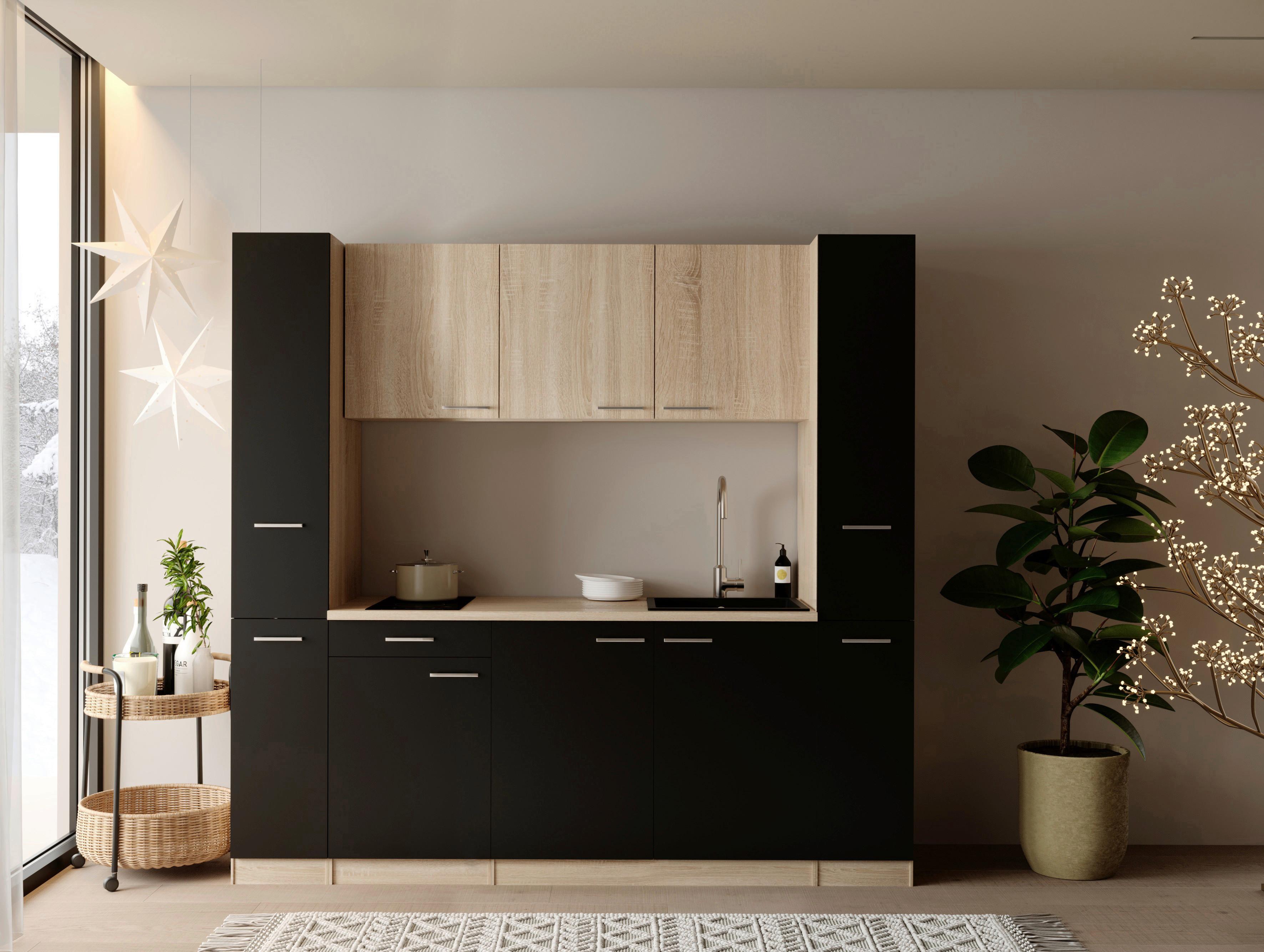 Küchenblock Ingrid m. Gerät Schwarz - Eichefarben/Schwarz, Design, Holzwerkstoff/Kunststoff (210cm) - Respekta