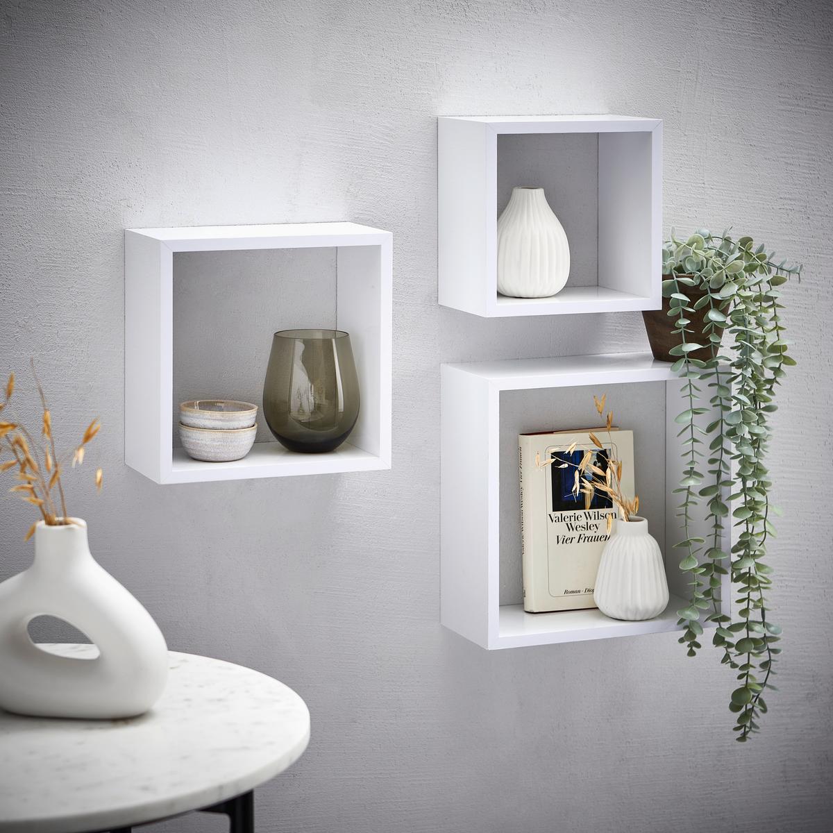 ZESTAW REGAŁÓW ŚCIENNYCH TRIO - biały, Basics, materiał drewnopochodny (20-28/20-28/12cm) - Xora