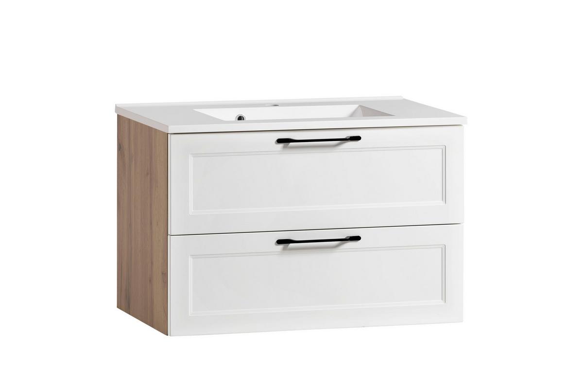 Waschtischkombi Elmau in Weiß/Eiche - Eiche Wotan/Schwarz, ROMANTIK / LANDHAUS, Holzwerkstoff/Stein (80/56/47cm)