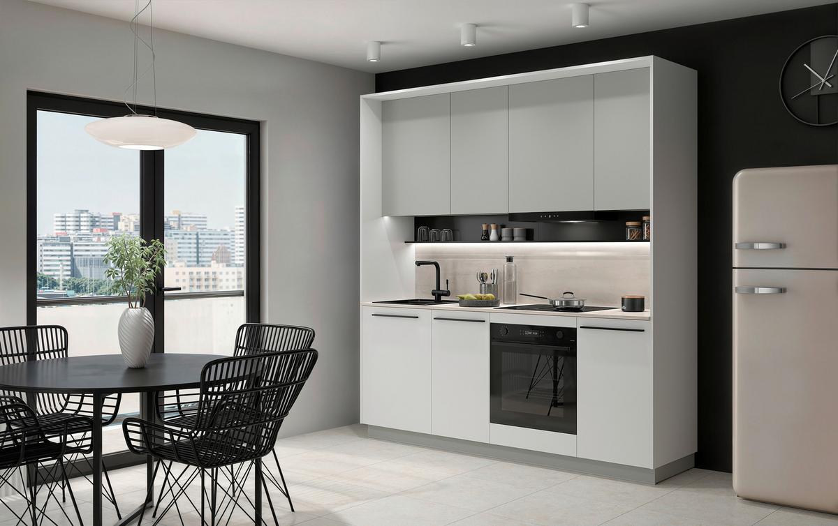 Küchenblock Milino o. Geräte Weiss/Grau - Hellgrau/Schwarz, Basics, Holzwerkstoff/Kunststoff (210cm) - Visiona