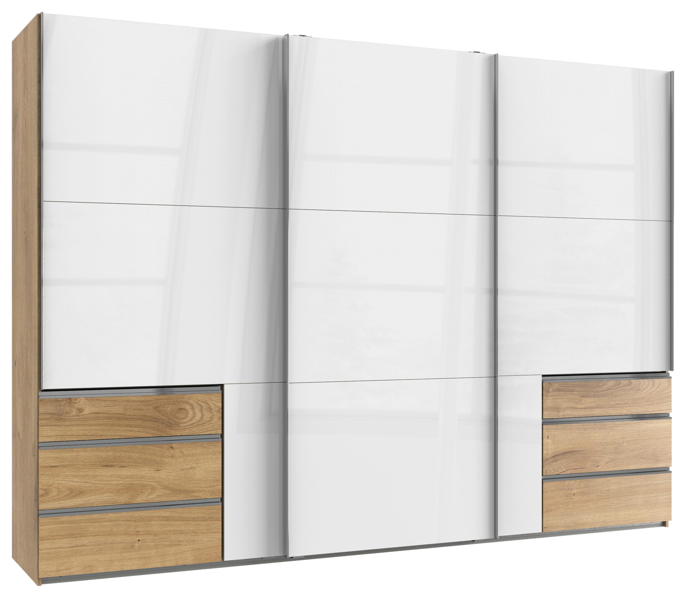 Schwebetürenschrank Level 36D Weiß/Eiche ca. 300x216x65 cm - Chromfarben/Weiß Hochglanz, MODERN, Holzwerkstoff/Metall (300/216/65cm) - MID.YOU