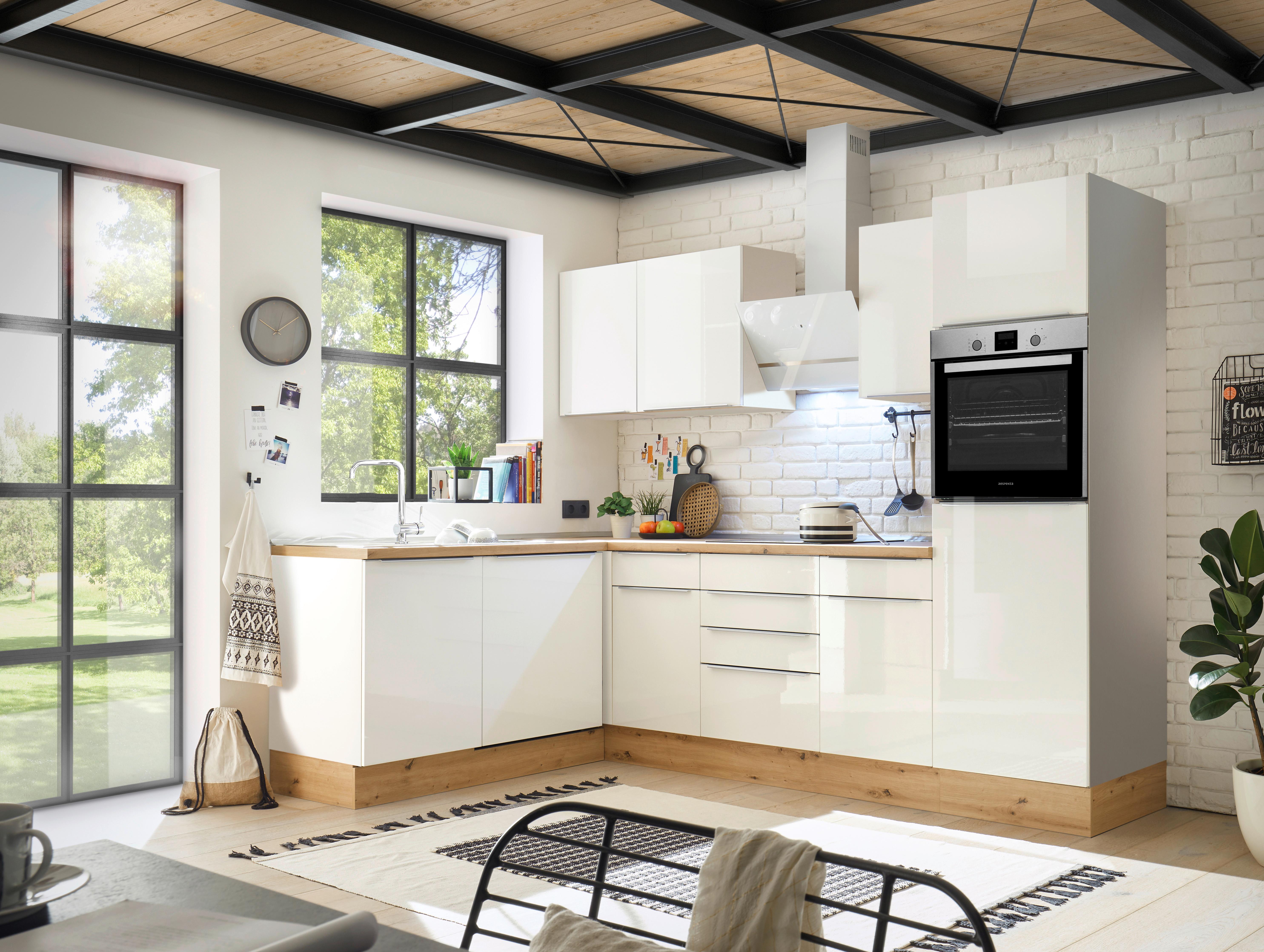 Eckküche Marleen mit Geräten Weiß/Eiche ca. 280x170 cm - Weiß Hochglanz/Alufarben, LIFESTYLE, Holzwerkstoff/Kunststoff (280/170cm) - Respekta