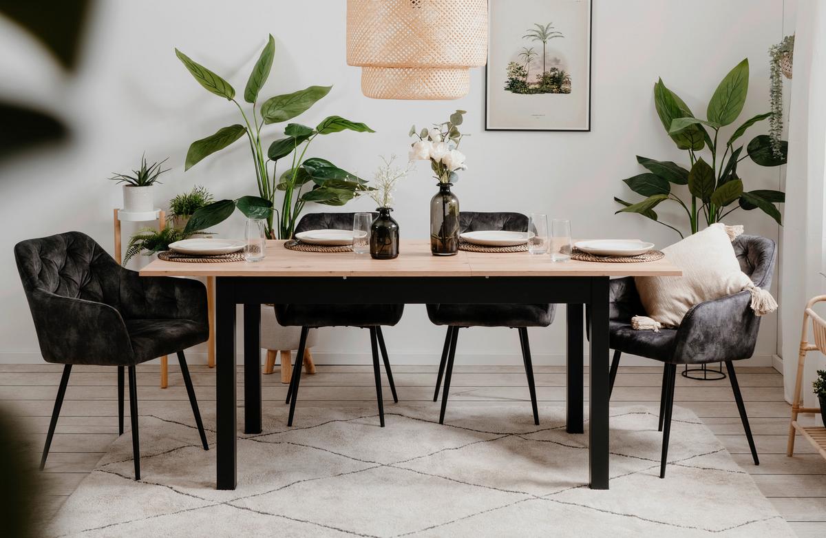 Raztegljiva Jedilna Miza Coburg, Črna, 140-180x80cm - črna/hrast artisan, Basics, leseni material (140-180/80/76,5cm) - MID.YOU