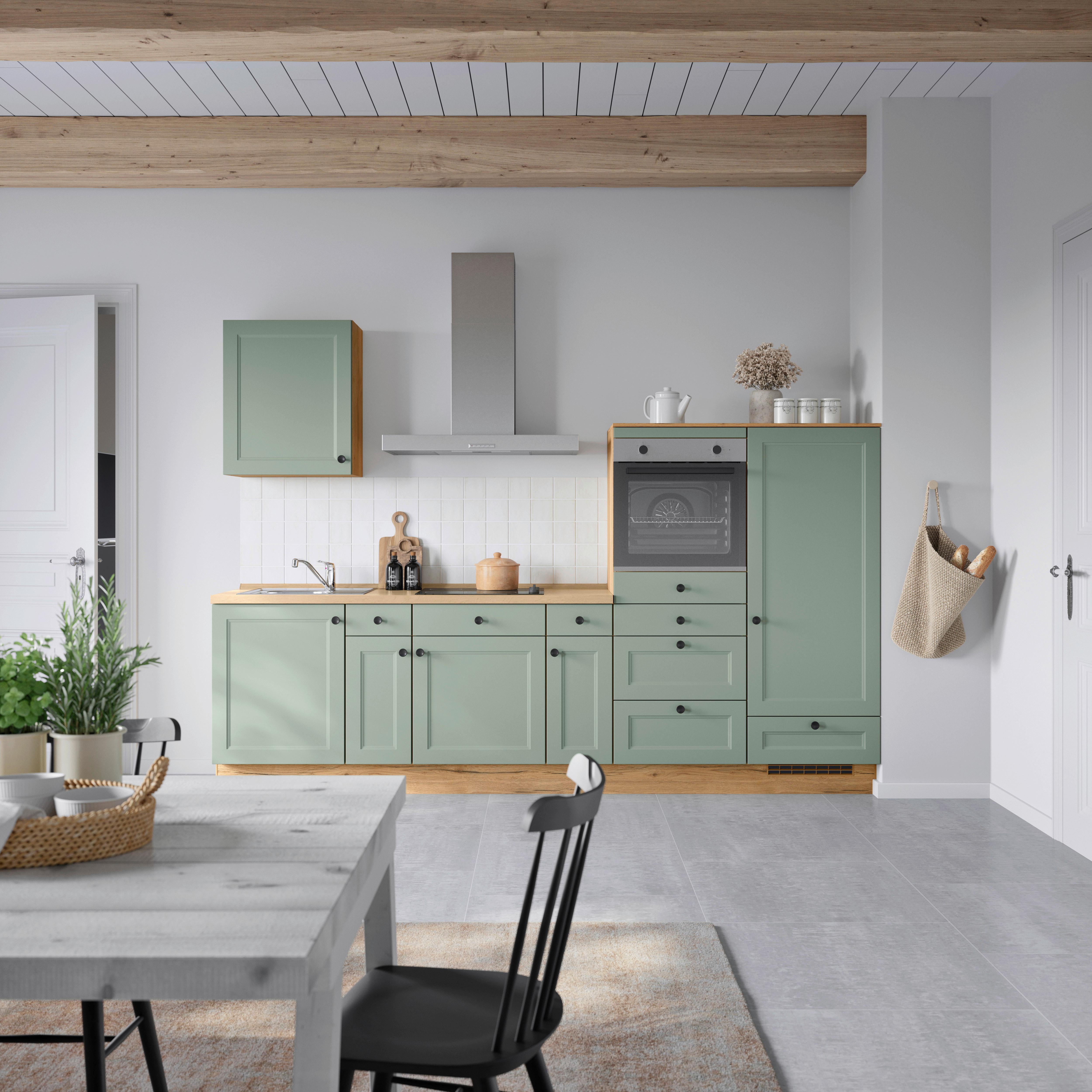 Küchenblock Cascada Low m. Geräten Schilfgrün - Schilfgrün/Eichefarben, MODERN, Holzwerkstoff/Metall (300cm) - Nobilia