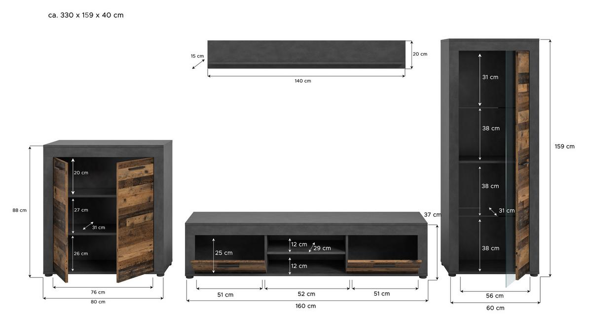 Serija Dnevnog Boravka Jam - prirodne boje/crna, Design, staklo/drvni materijal (330/159/35cm) - Modern Living