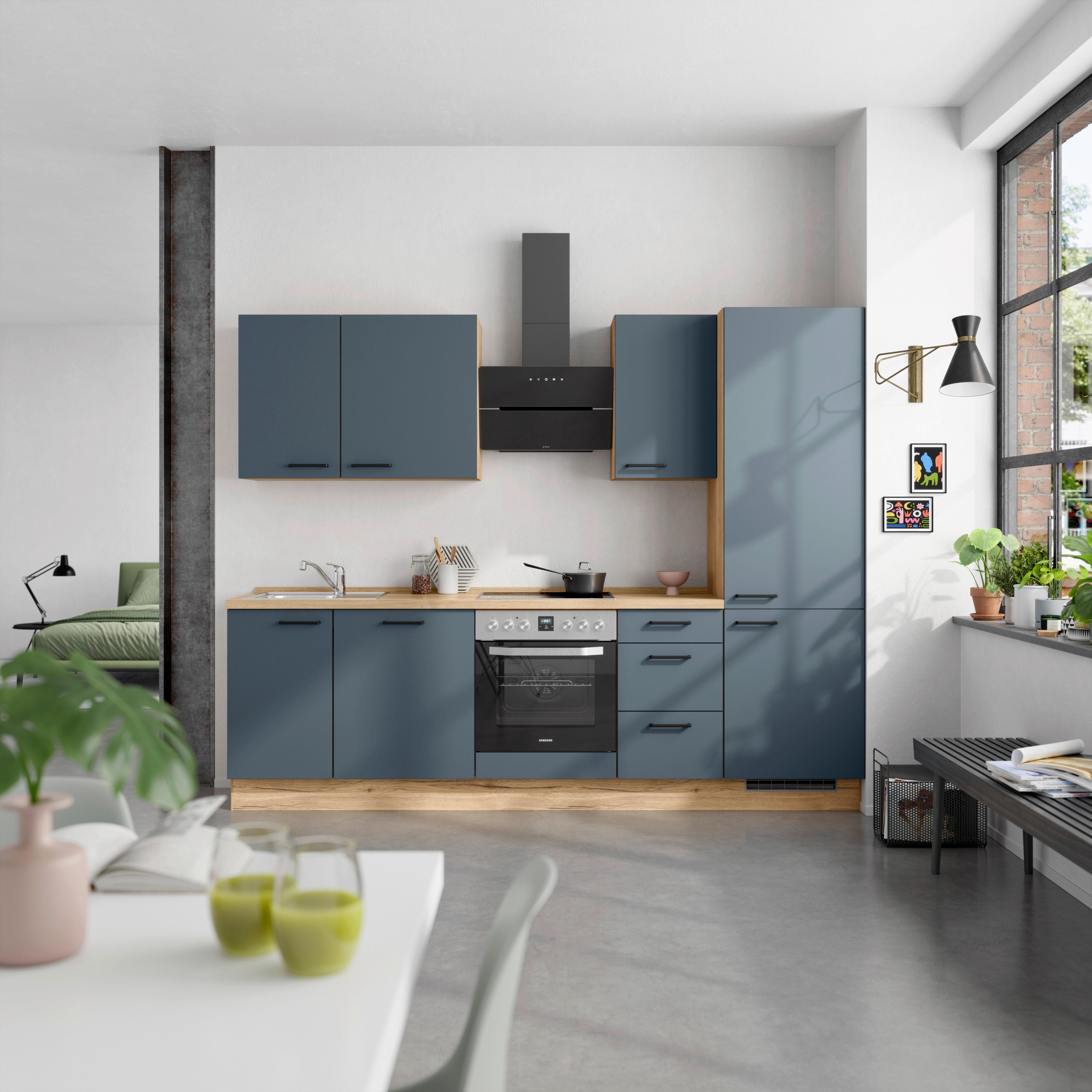 Küchenblock Easytouch High m. Geräten Dunkelblau - Eichefarben/Schwarz, MODERN, Holzwerkstoff/Metall (270cm) - Nobilia