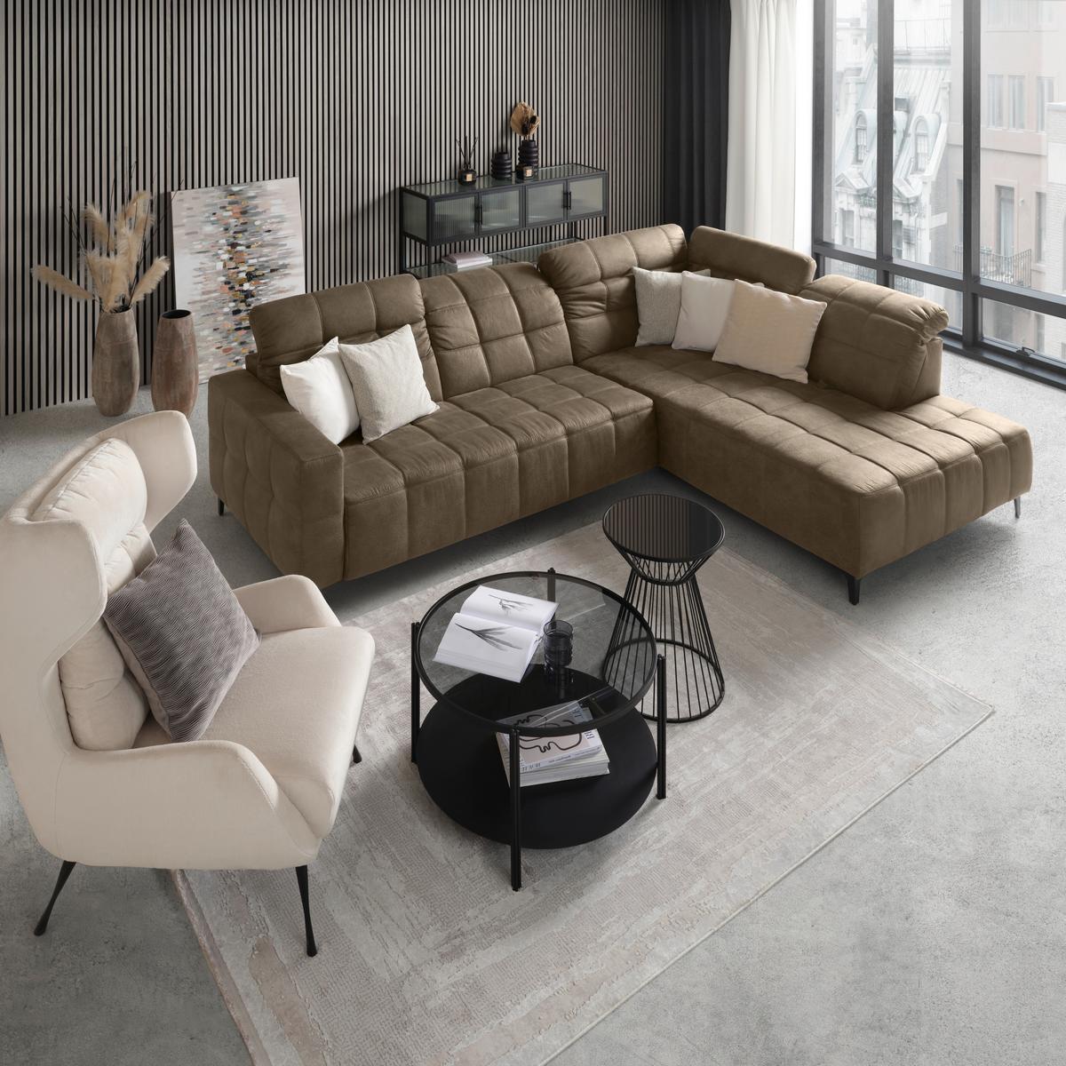 Ecksofa Panama rechts Taupe - Taupe/Schwarz, KONVENTIONELL, Textil/Metall (304/89-102/216cm) - Premium Living