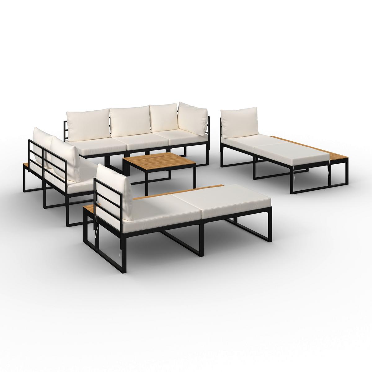 Loungegarnitur Adriano Creme Akazie/Metall/Outdoorstoff - Creme/Schwarz, MODERN, Holz/Textil - Bessagi Garden