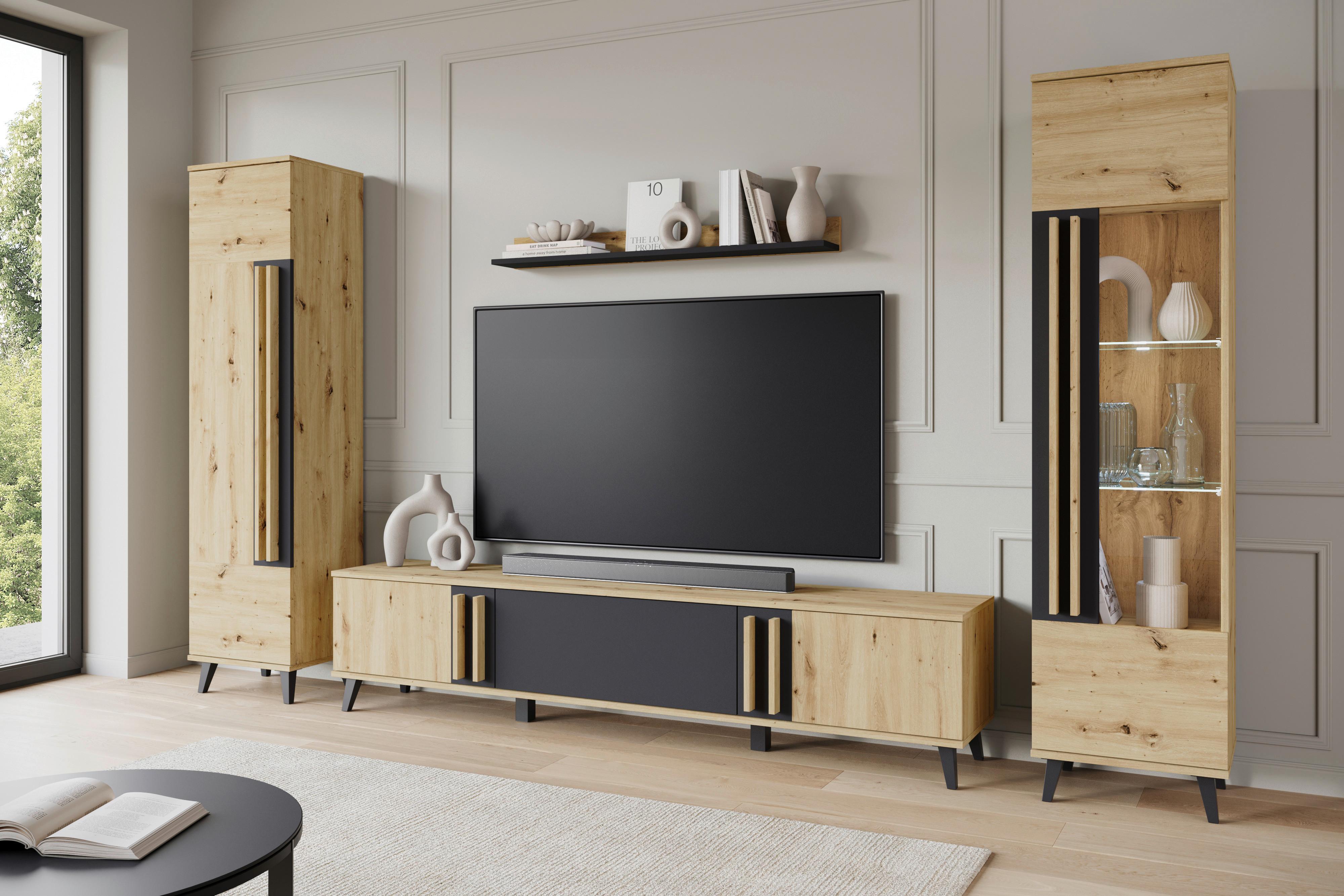 Dnevni Regal Helsinki 2, Barva Hrasta, 4-Delno - črna/hrast artisan, Trend, umetna masa/steklo (260/159,5/33cm)