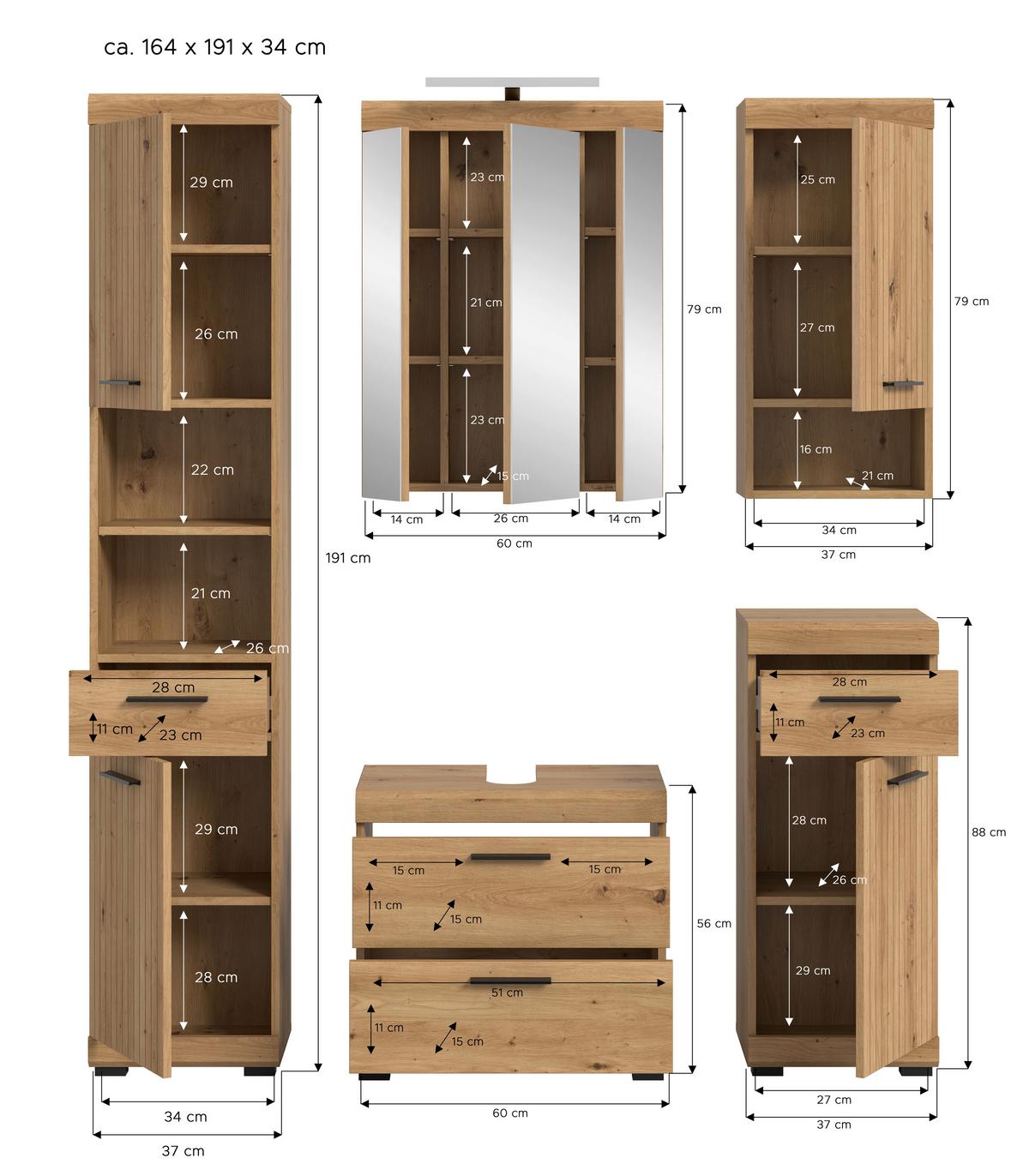 Badezimmer Scout Eiche Artisan 5-teilig - Schwarz/Eiche Artisan, Trend, Glas/Holzwerkstoff (134cm) - MID.YOU