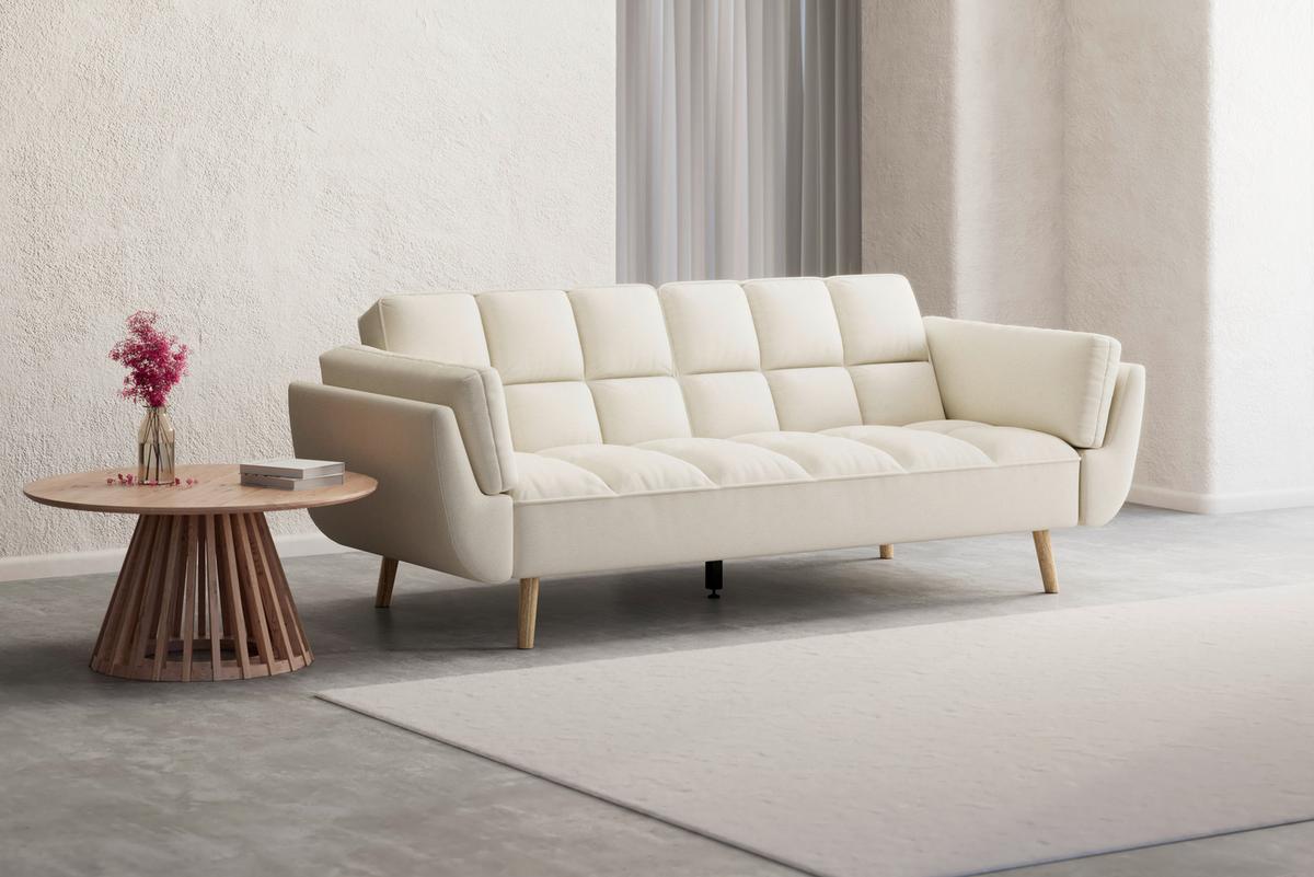 Schlafsofa Cora Webstoff Creme - Creme/Naturfarben, MODERN, Holz/Textil (214/92/81cm) - Bessagi Home