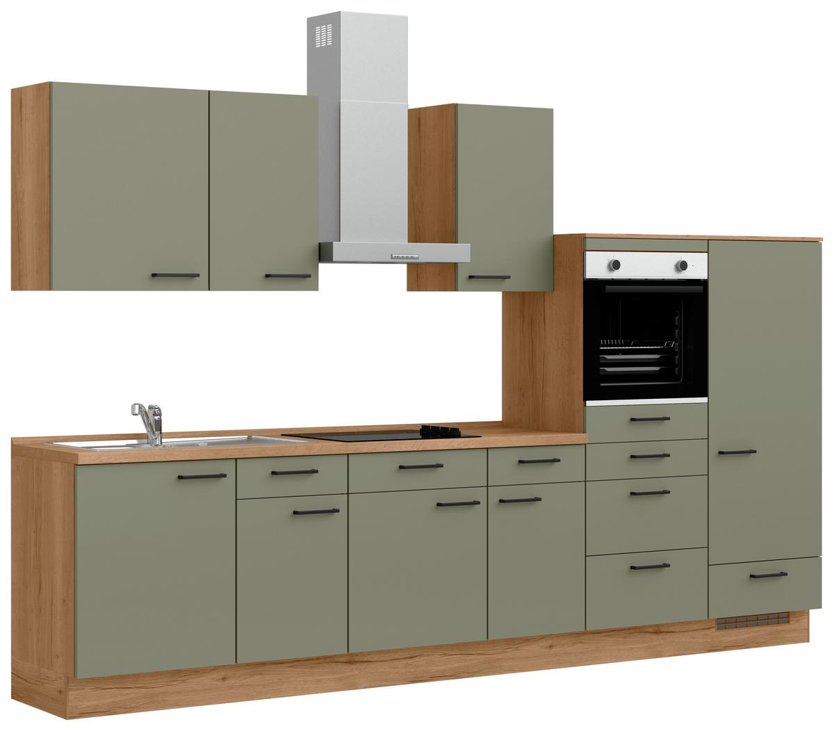 Küchenleerblock Senso Low o. Geräte Olivgrün - Eichefarben/Schwarz, MODERN, Holzwerkstoff/Metall (330cm) - Nobilia