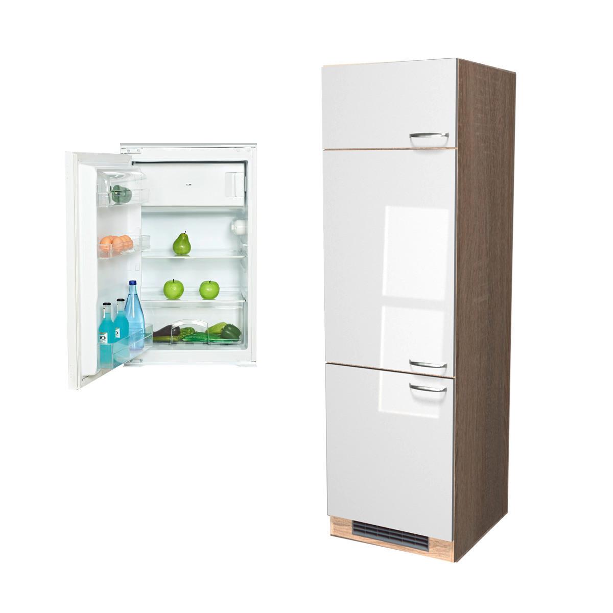 Geräteumbauschrank Weiß Hochglanz/Eiche - Edelstahlfarben/Weiß Hochglanz, MODERN, Holzwerkstoff/Metall (60/200/57cm) - FlexWell