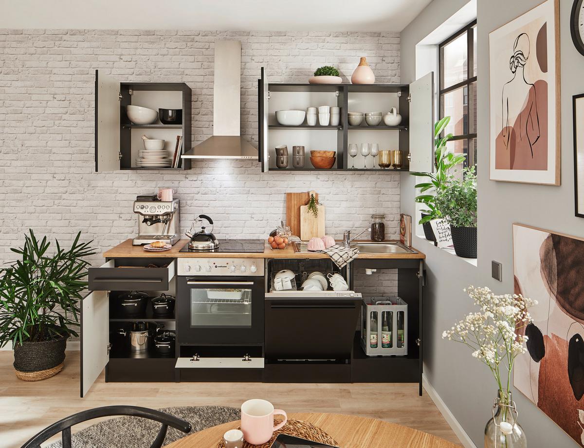 Küchenblock Jazz mit Geräten ca.220 cm Schwarz - Eichefarben/Schwarz, LIFESTYLE, Holzwerkstoff/Kunststoff (220/211/60cm) - P & B