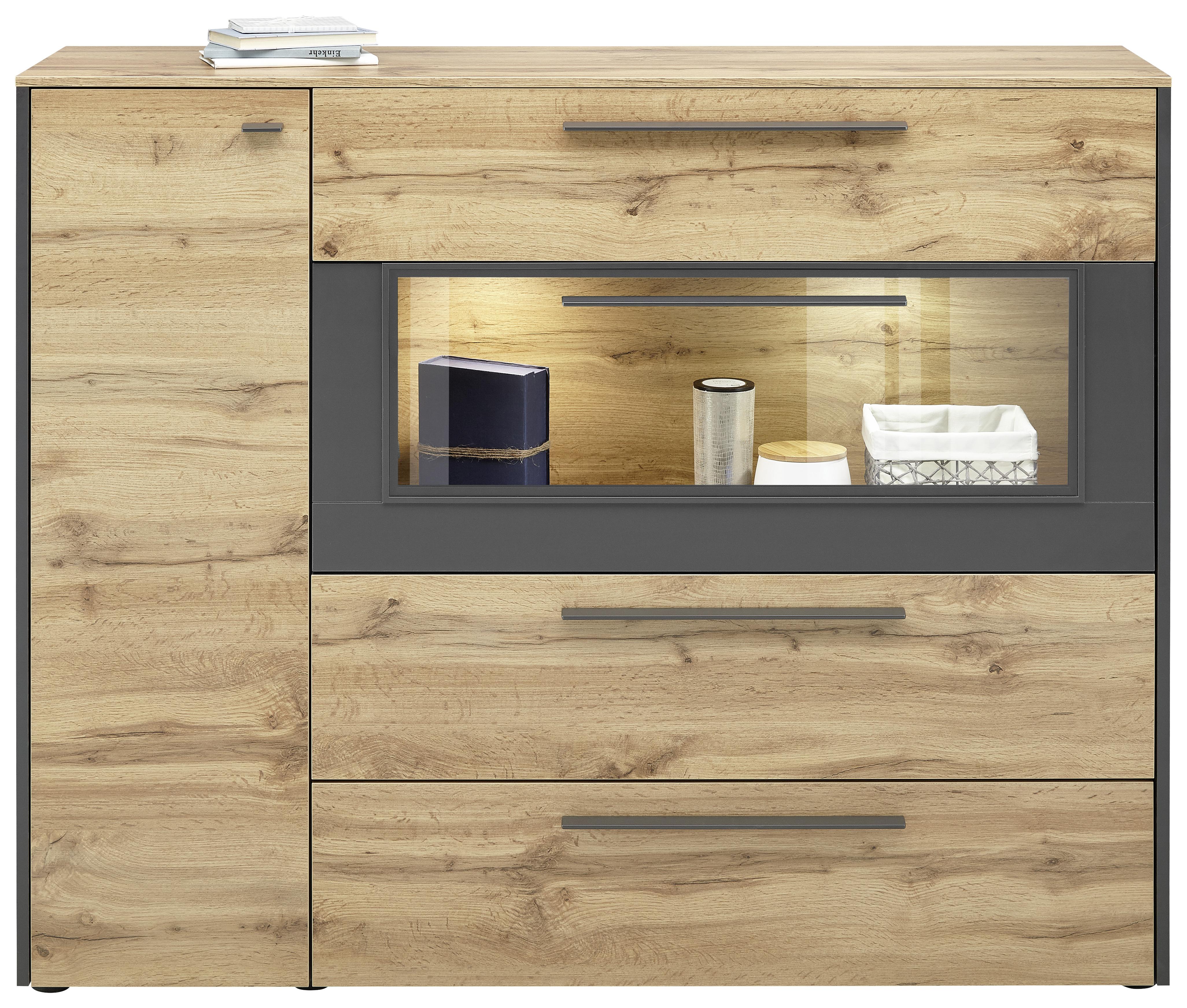 Highboard in Eiche-/Schieferfarben - Schieferfarben/Eichefarben, MODERN, Holzwerkstoff/Kunststoff (144/118/40cm) - Premium Living