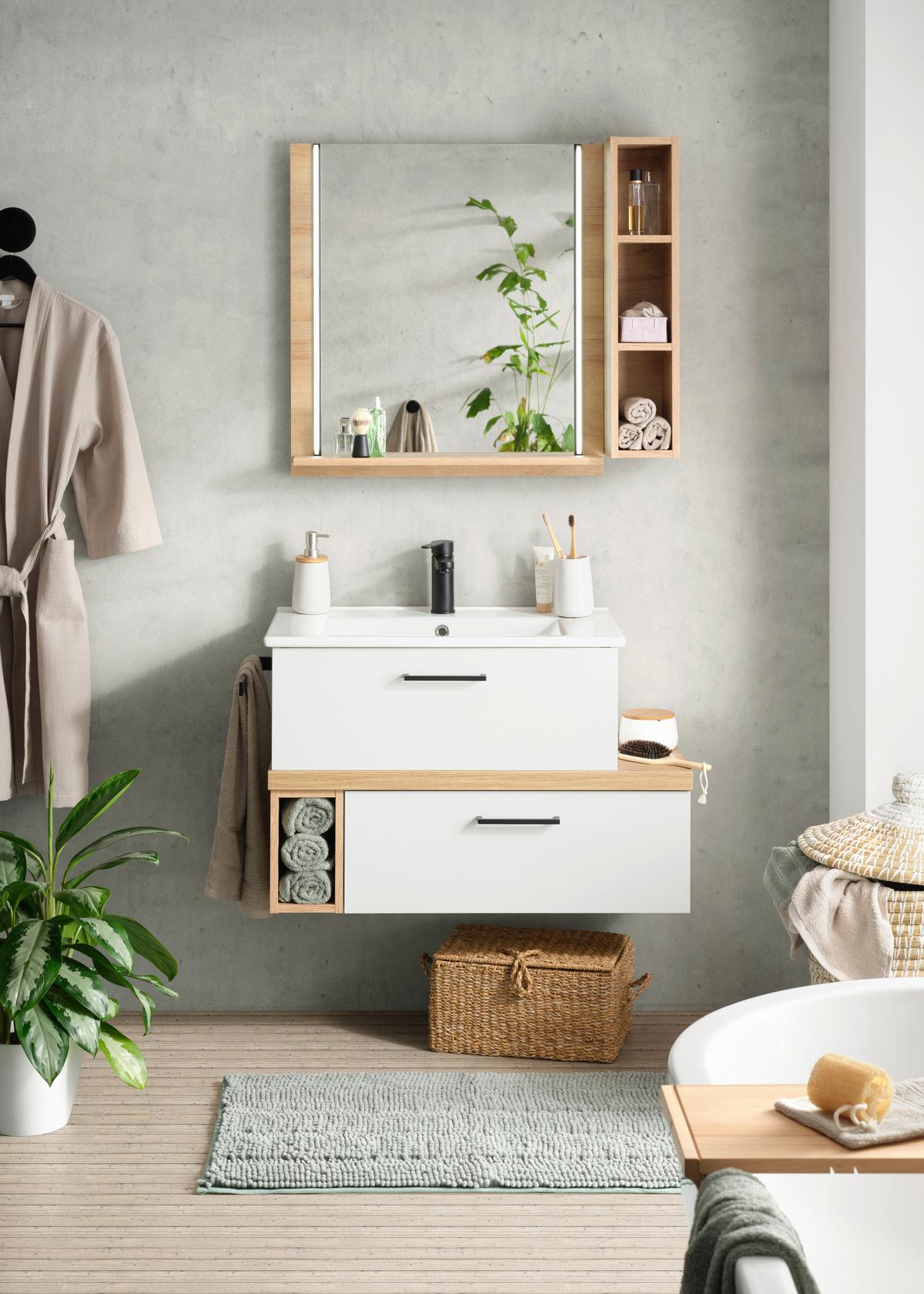 Badezimmer in Weiß inkl. Beleuchtung - Eichefarben/Weiß, MODERN, Keramik/Holzwerkstoff (88cm) - Pelipal
