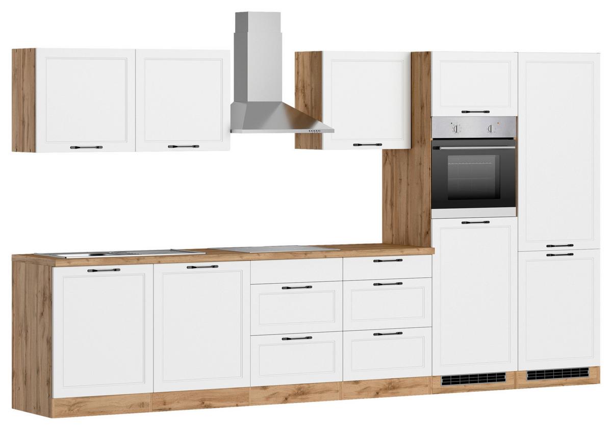 Küchenzeile Meran mit Geräten ca. 360 cm Weiß/Eiche Dekor - Eiche Wotan/Schwarz, LIFESTYLE, Holzwerkstoff/Metall (360cm) - Held