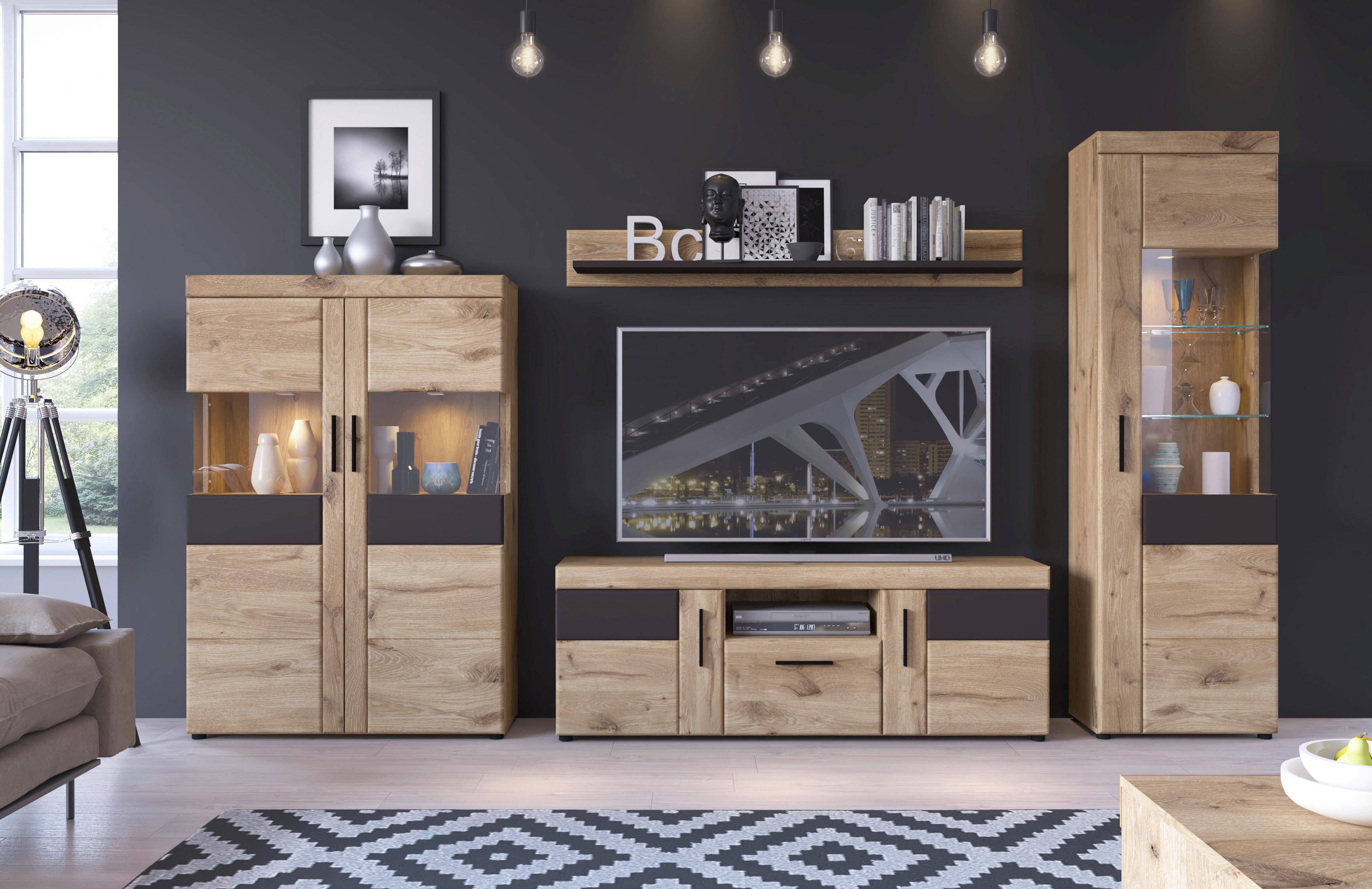 VITRINĂ GRANO - gri închis/culoare lemn stejar, Trend, sticlă/material pe bază de lemn (101,9/149/37,4cm) - Modern Living