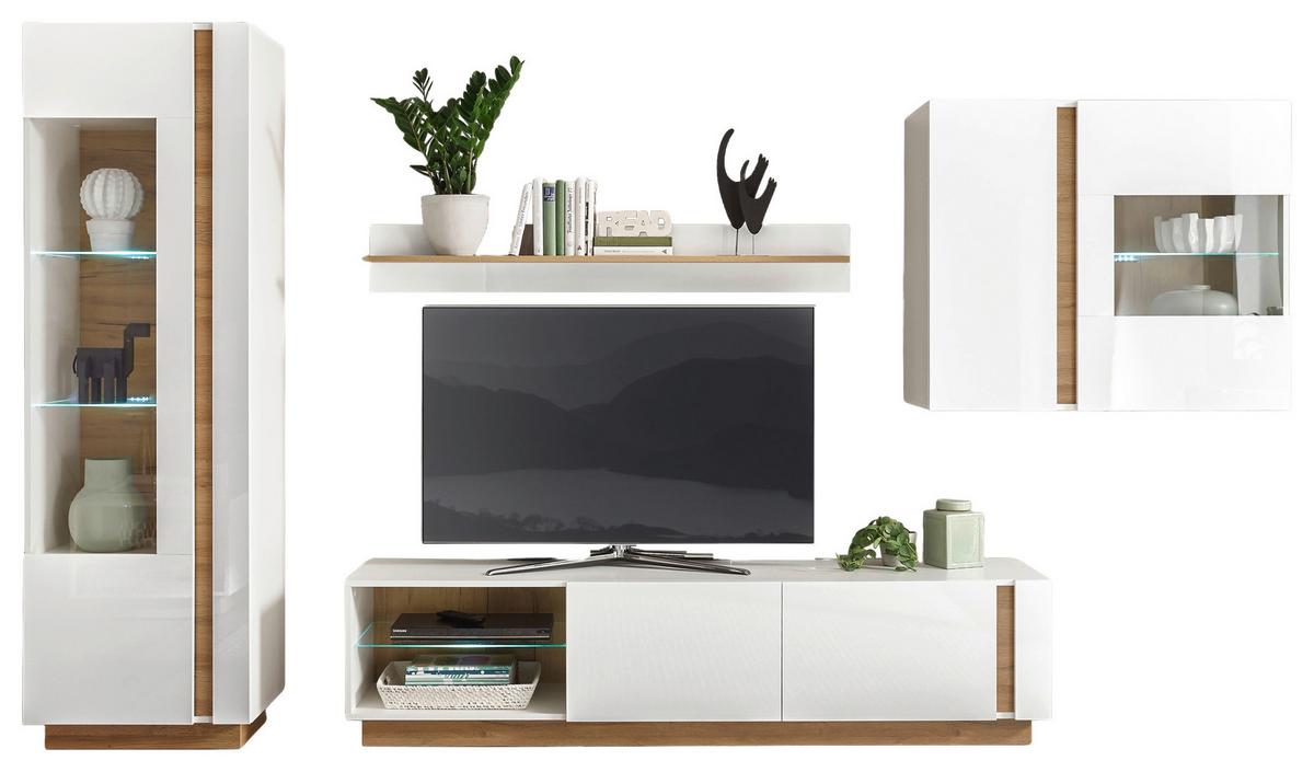 Wohnwand Clair Weiß/Eichefarben - Eichefarben/Weiß, Design, Glas/Holzwerkstoff (315/194/40cm) - MID.YOU