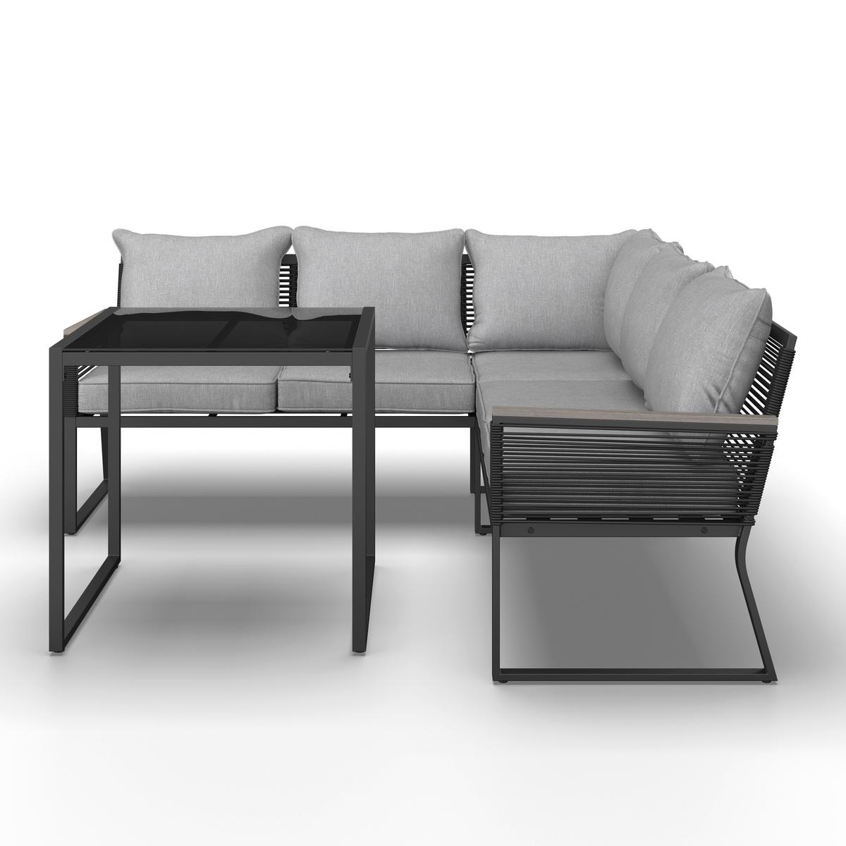 Dining-Loungeset Paulina Hellgr. Metall/Textil +Abdeck. - Hellgrau/Schwarz, Modern, Glas/Kunststoff (181/73/65cm) - Bessagi Garden