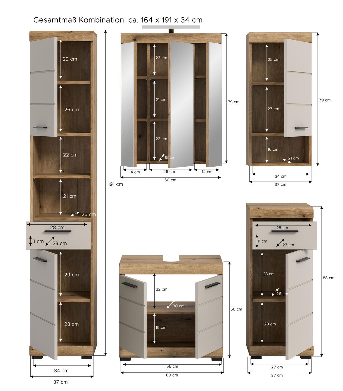 Badezimmer Scout 5-tlg. mit LED ca. 134 cm Kaschmir - Kaschmir/Schwarz, MODERN, Glas/Holzwerkstoff (134cm) - MID.YOU