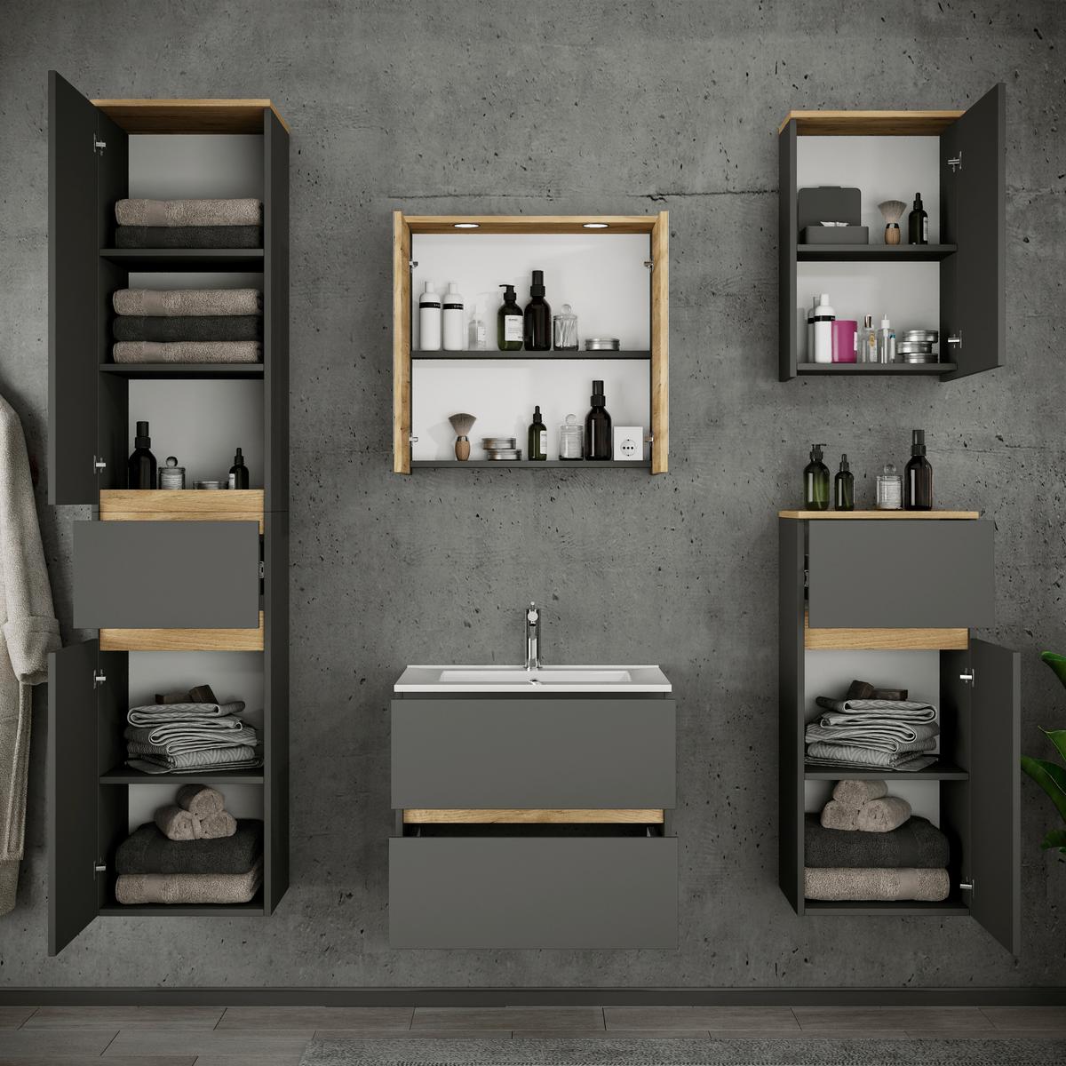 Badezimmer Cosila - Honigeiche/Weiss, Trend, Keramik/Holzwerkstoff (141cm) - MID.YOU