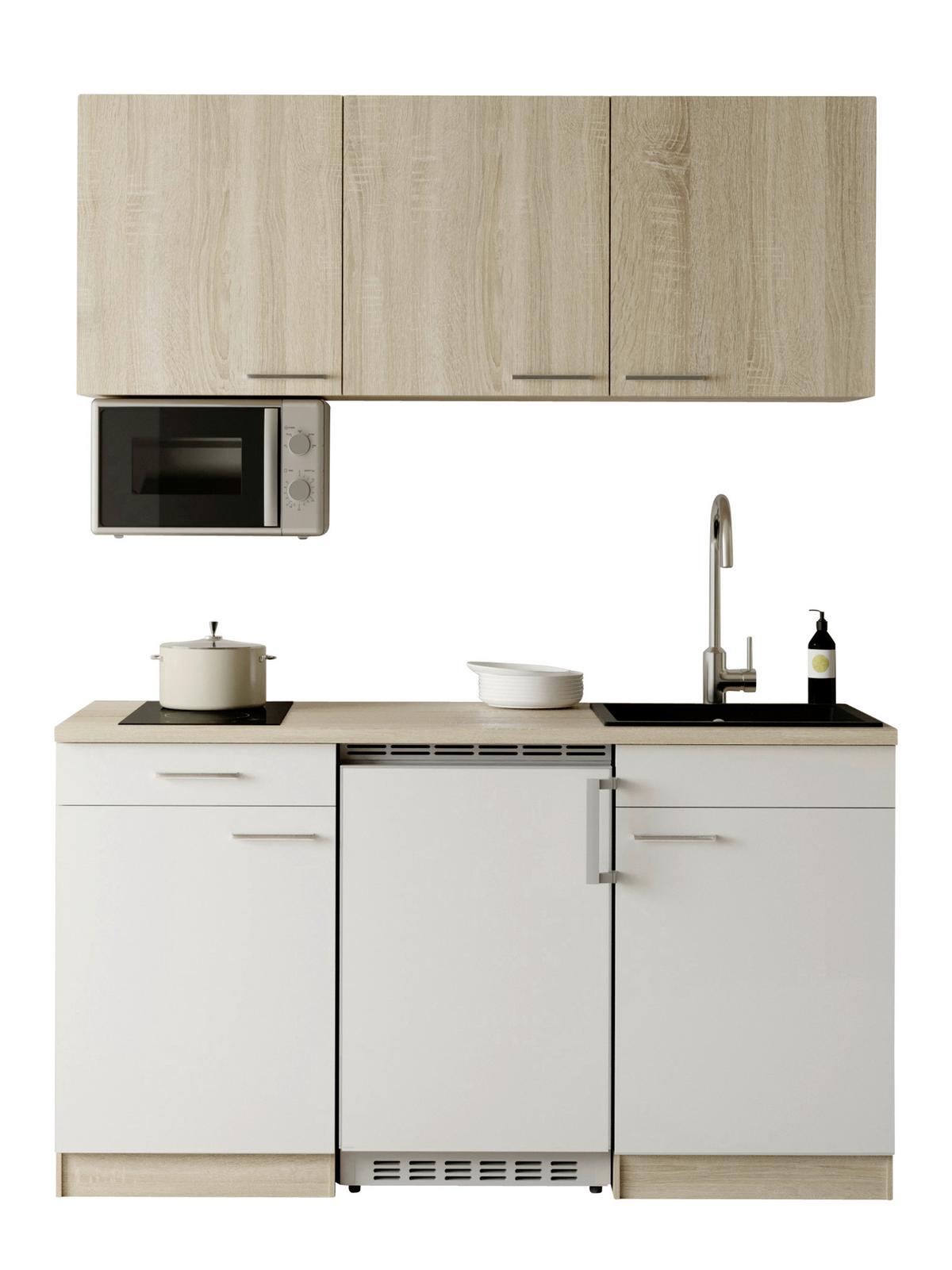 Miniküche Ingrid m. Geräten ca. 150cm Weiß - Eichefarben/Alufarben, Design, Holzwerkstoff/Kunststoff (150cm) - Respekta