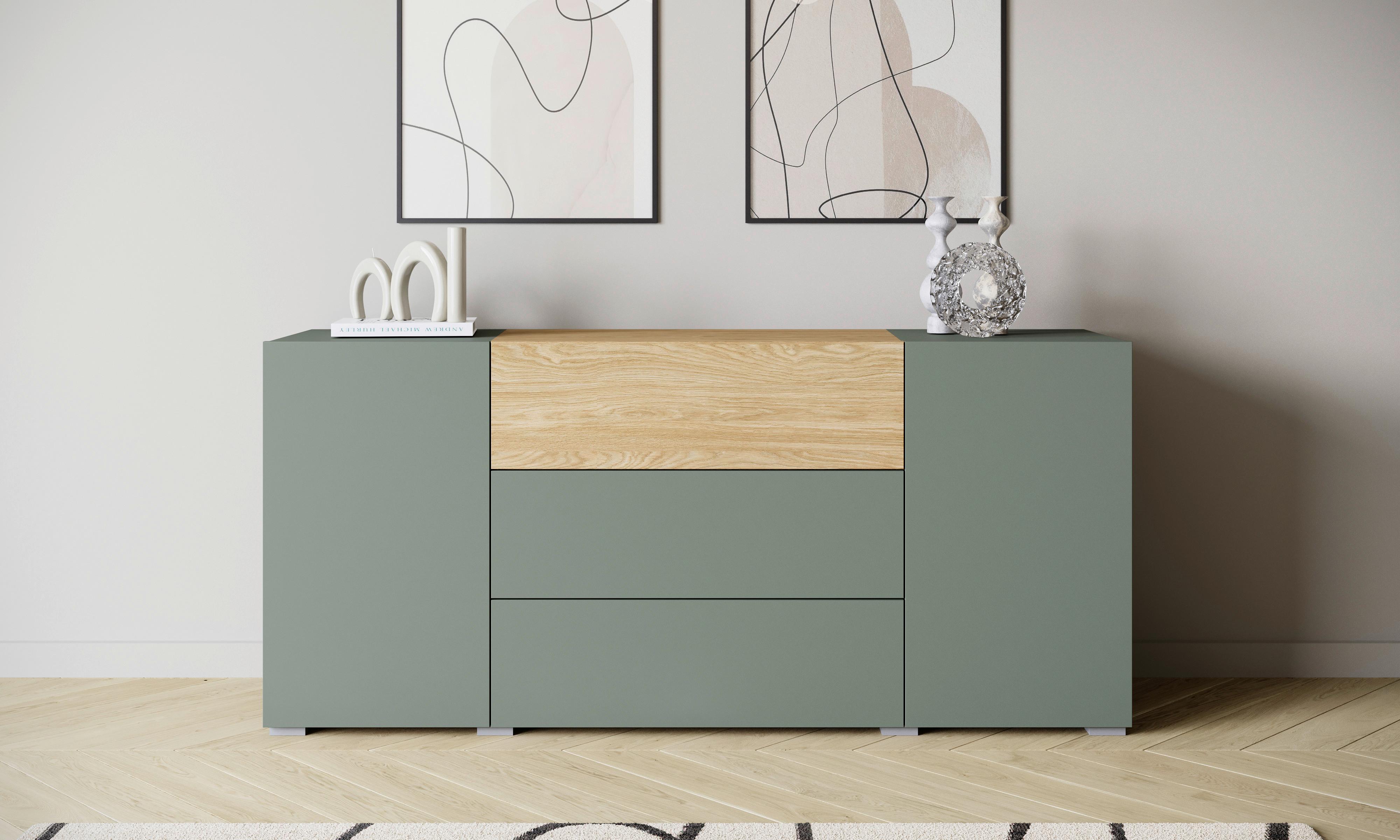 Sideboard 150cm Berlin 150 Salbeigrün/Eichefarben - Eichefarben/Salbeigrün, Design, Holzwerkstoff/Kunststoff (150/68/38,5cm) - P & B