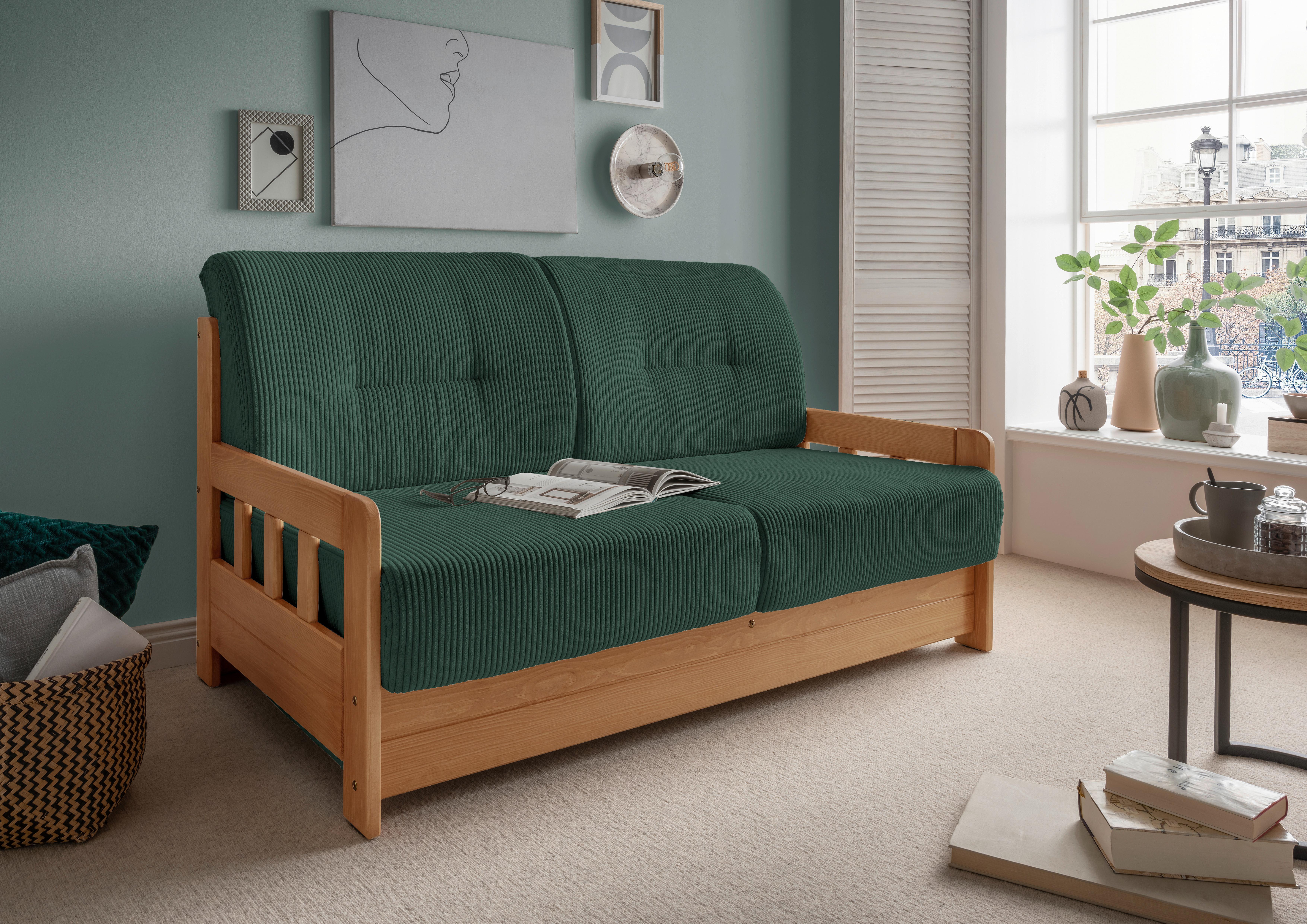 Schlafsofa Camino Holzkorpus Kiefer/Dunkelgrün - Dunkelgrün/Kieferfarben, MODERN, Holz/Textil (154/88/90cm) - Livetastic
