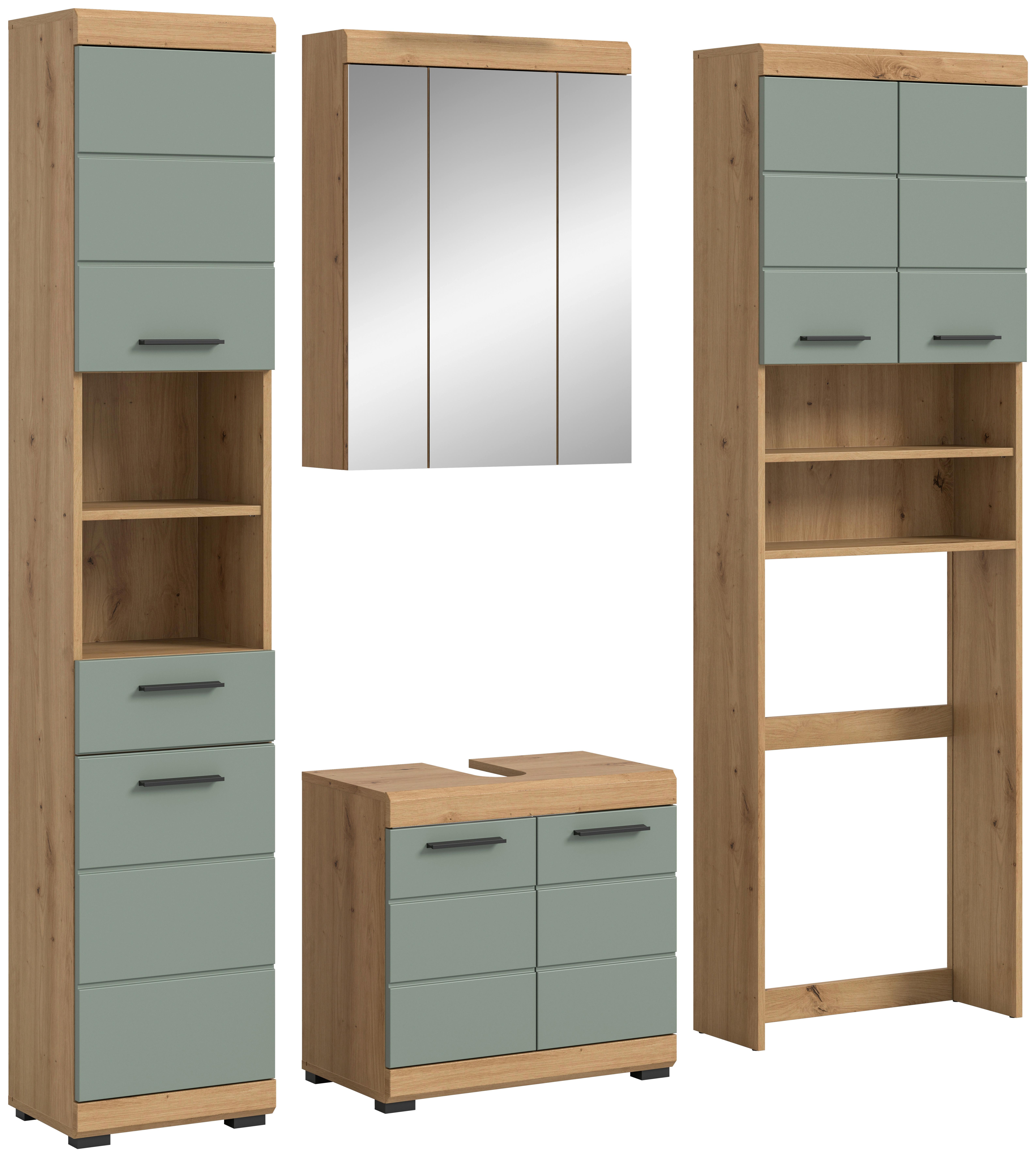Badezimmer Scout 4-tlg. ca. 180 cm Salbeigrün - Schwarz/Eiche Artisan, MODERN, Glas/Holzwerkstoff (180cm) - MID.YOU