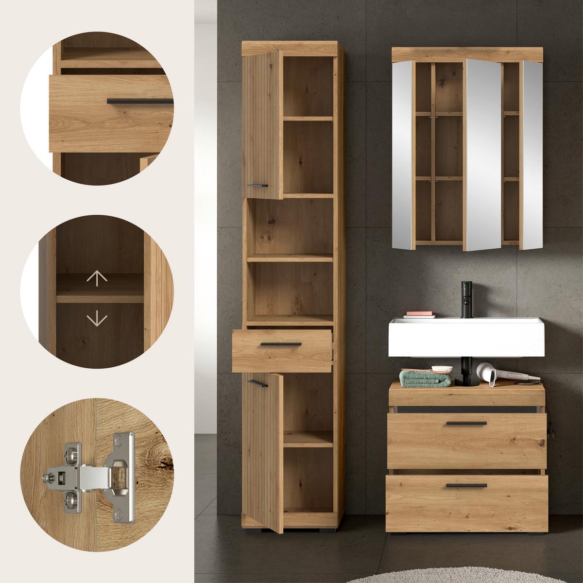Badezimmer Scout Eiche Artisan 3-teilig - Schwarz/Eiche Artisan, Trend, Glas/Holzwerkstoff (97cm) - MID.YOU