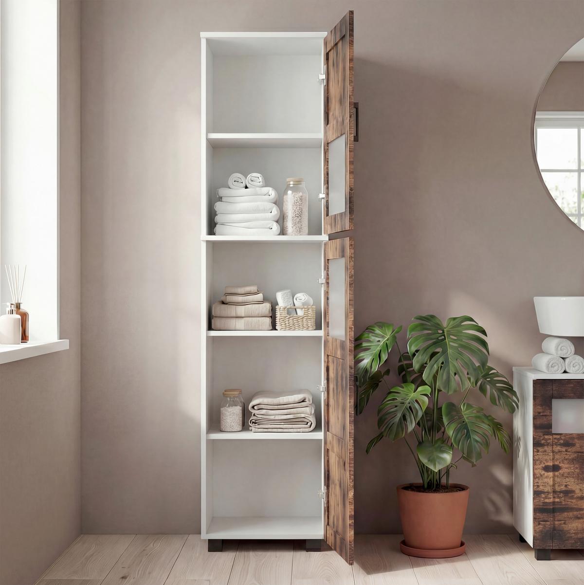 Hochschrank Nilari - Weiss/Eichefarben, Trend, Glas/Holzwerkstoff (38/165/28cm) - MID.YOU