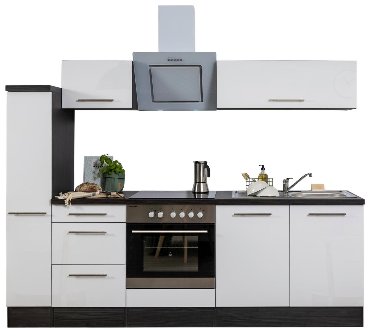 Küchenzeile Weiß Hochglanz/ Grau mit Geräte B: ca. 240 cm - Alufarben/Weiß, Basics, Holzwerkstoff (240cm) - Respekta