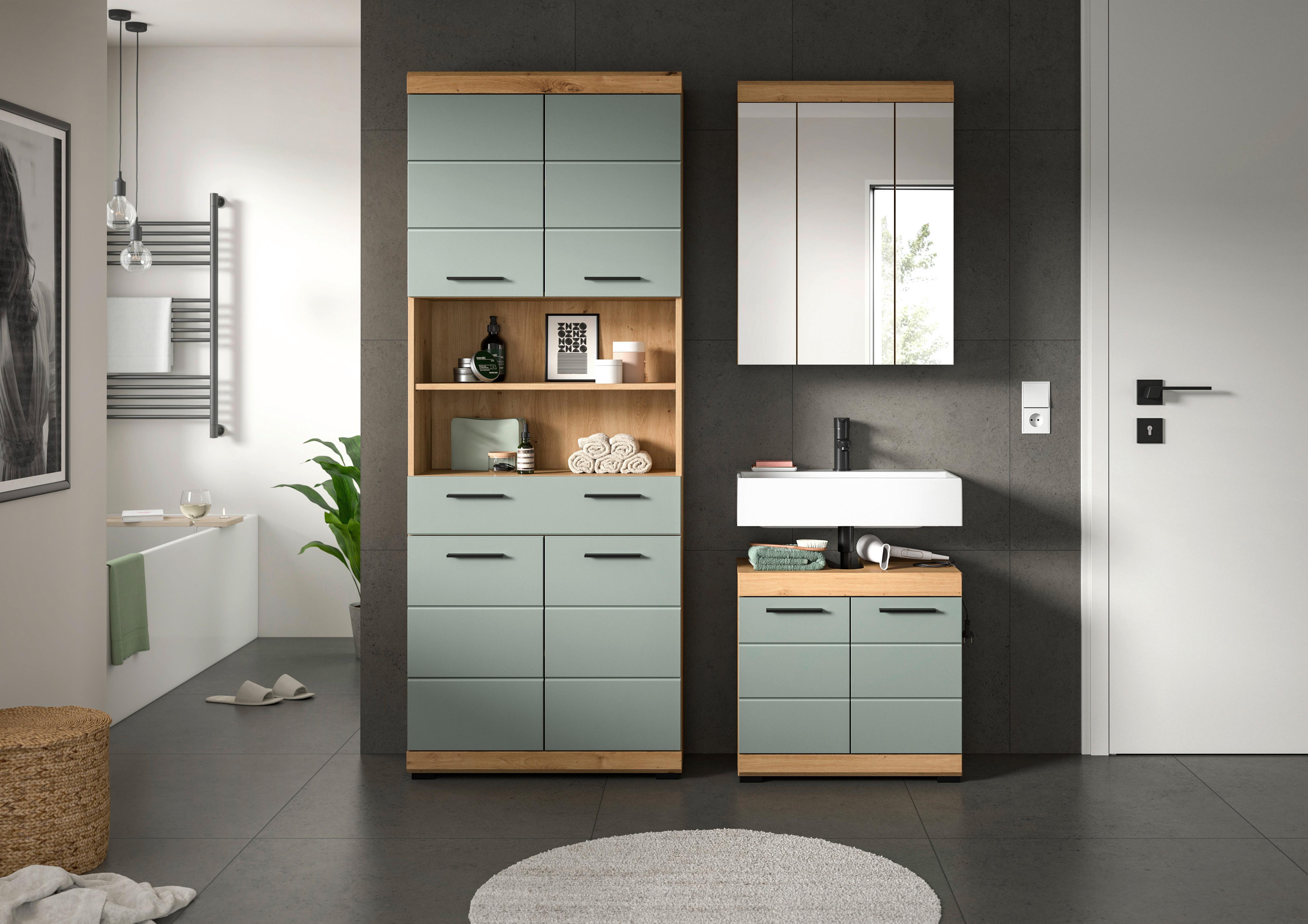 Badezimmer Scout 3-tlg. ca. 134 cm Salbeigrün - Schwarz, MODERN, Holzwerkstoff/Kunststoff (134cm) - MID.YOU